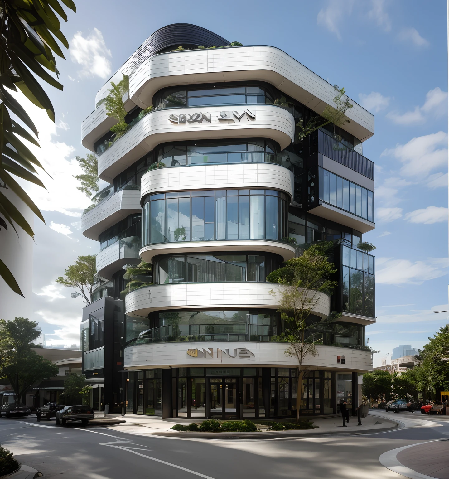 arafed building with a curved facade and a lot of windows, modern lush condo as shopfront, by Emma Andijewska, wide angle exterior 2022, unique architecture, architecture award winning, full building, award winning architecture, architecture award winner, mid-view, rounded architecture, by Seb McKinnon, shan shui, sustainable architecture