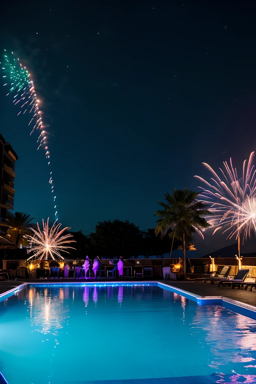 (best quality,highres,masterpiece:1.2),ultra-detailed,night,poolside bar at a hotel,colorful foam cannons,party,laser show,spotlights shine into the sky,glowing neon lights,exciting atmosphere,energetic DJ beats,reflections on the water,dancing crowd,people enjoying cocktails,stylish outfits,swimming pool,comfortable lounge chairs,aquatic-themed decorations,sparkling pool water,extravagant fireworks display,vibrant and lively ambiance,cheers and laughter,festive spirit,music filling the air,electric energy,celebration