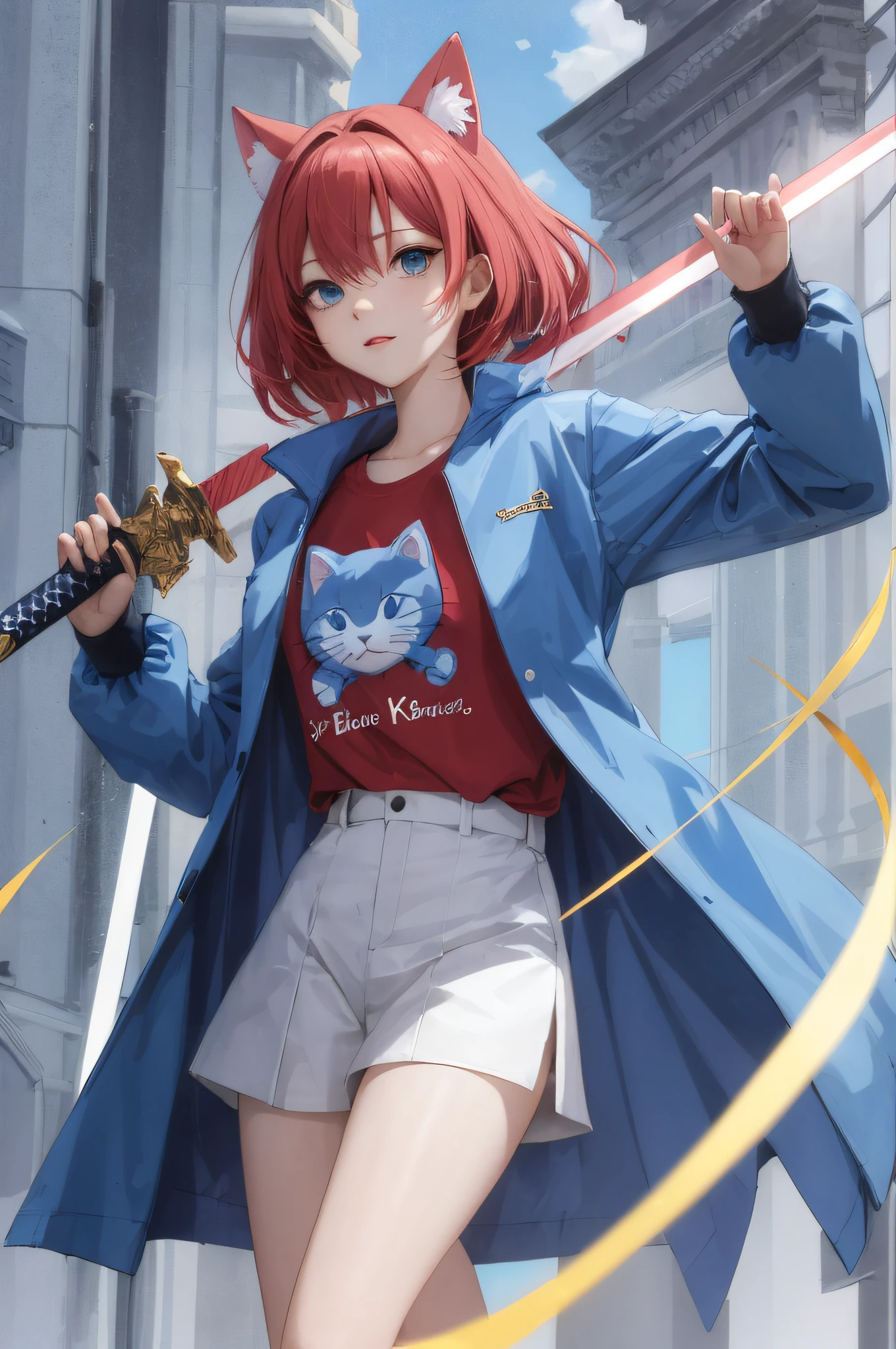One anime girl wearing a BLUE cat mask, a BLUE coat, Red tshirt and using a sword