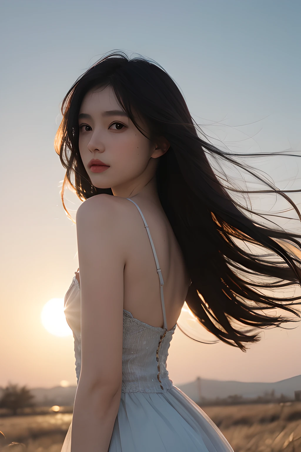 Best quality,Masterpiece,超高分辨率,Photorealistic,RAW photo,Unity 8k wallpaper, in a panoramic view, Cinematic lighting,
on a grassy field, Sunset, Dappled sunlight, Golden hour lighting, back lit lighting, The background is blurred out, (Lens flare), Wind, Pastel colors, Soft light,
1girll,Short flowing hair, elegant, Upper body,