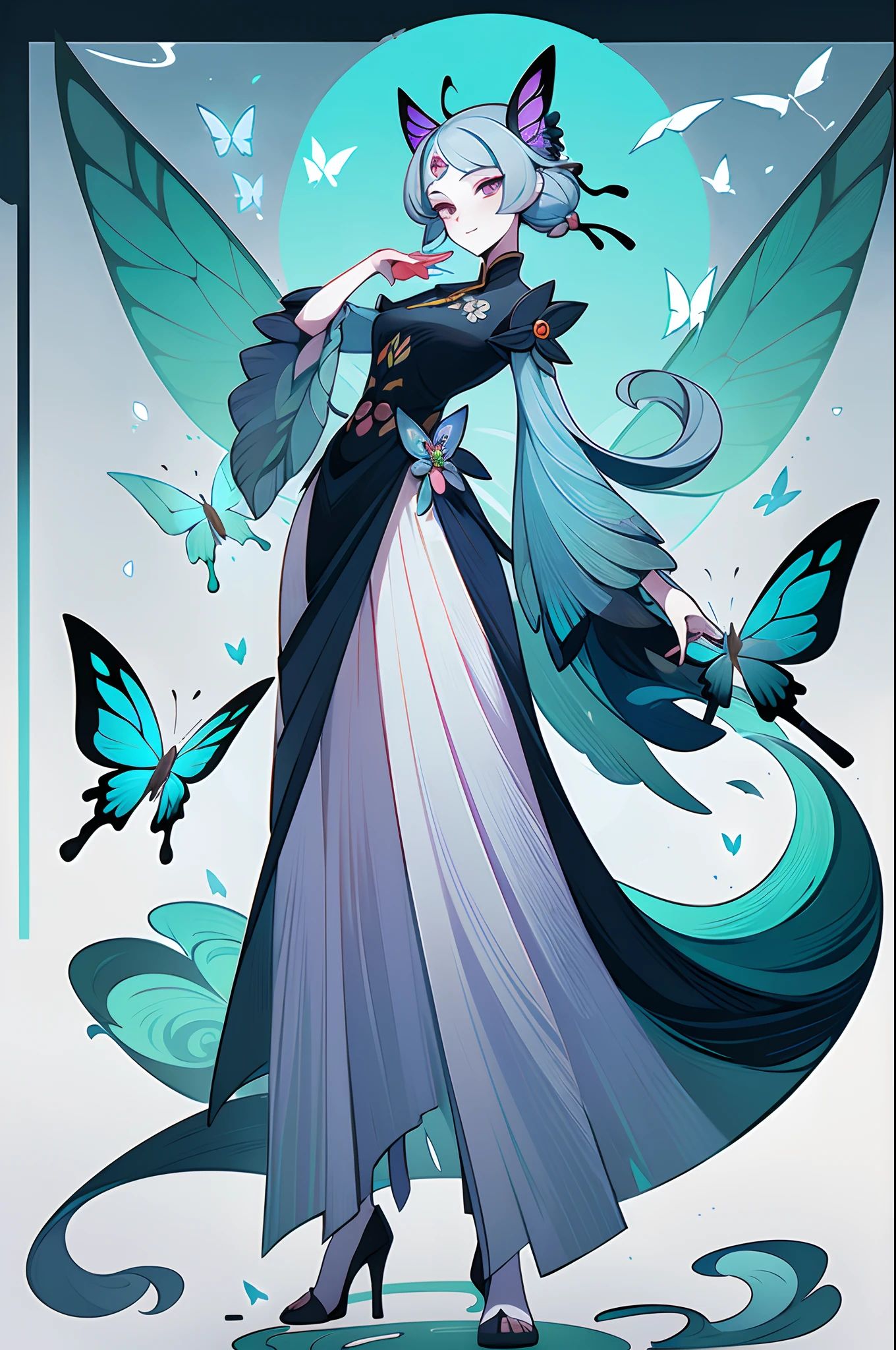 (1 Anthropomorphism of butterflies), (standing full-body), (Full body standing painting), 1 Princess，(standing full-body)，独奏, long  skirt，character  design, fanciful, tmasterpiece，top Quority，best qualtiy，超高分辨率，Exquisite facial features