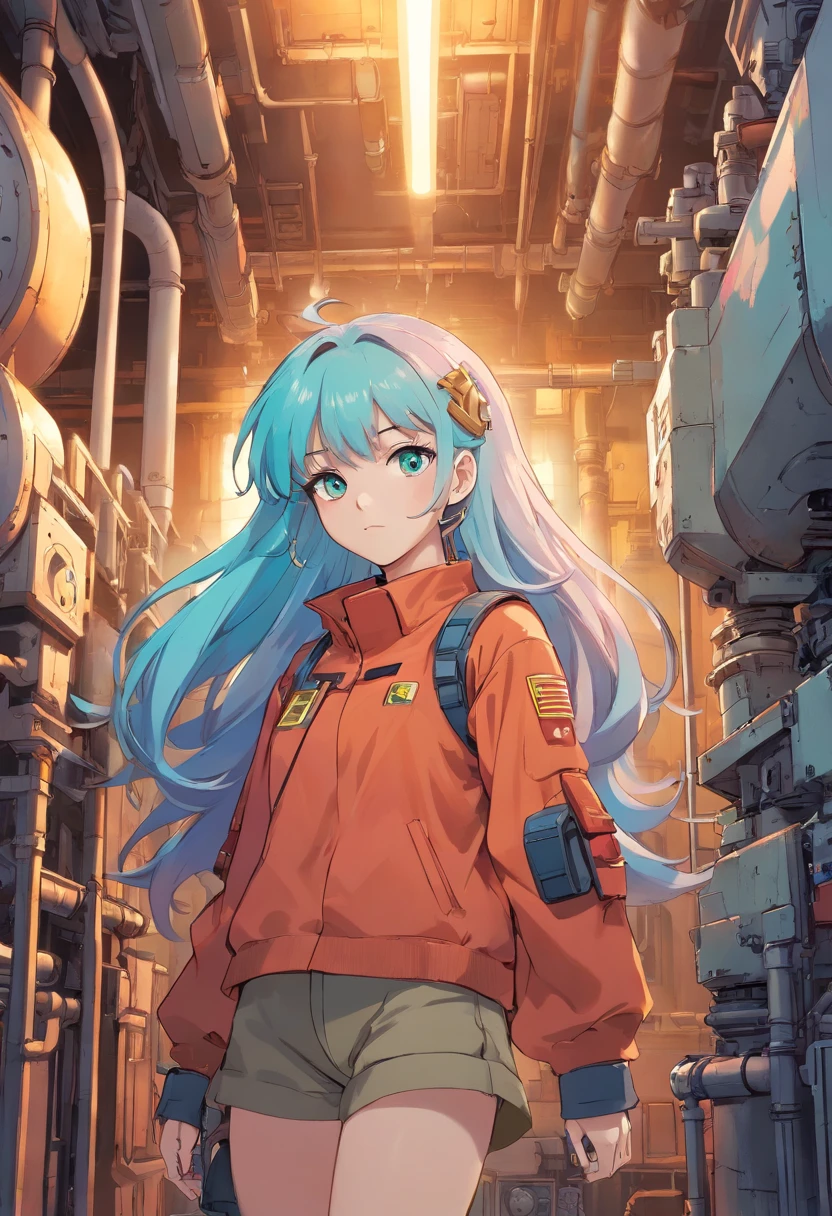 masterpiece, best quality, girl, gradient hair, heterochromia, techwear, leaning against wall, at the Mecha Mobile Suit Gundam Thunderbolt manufacturing factory
, pipes, machines, gears, metal