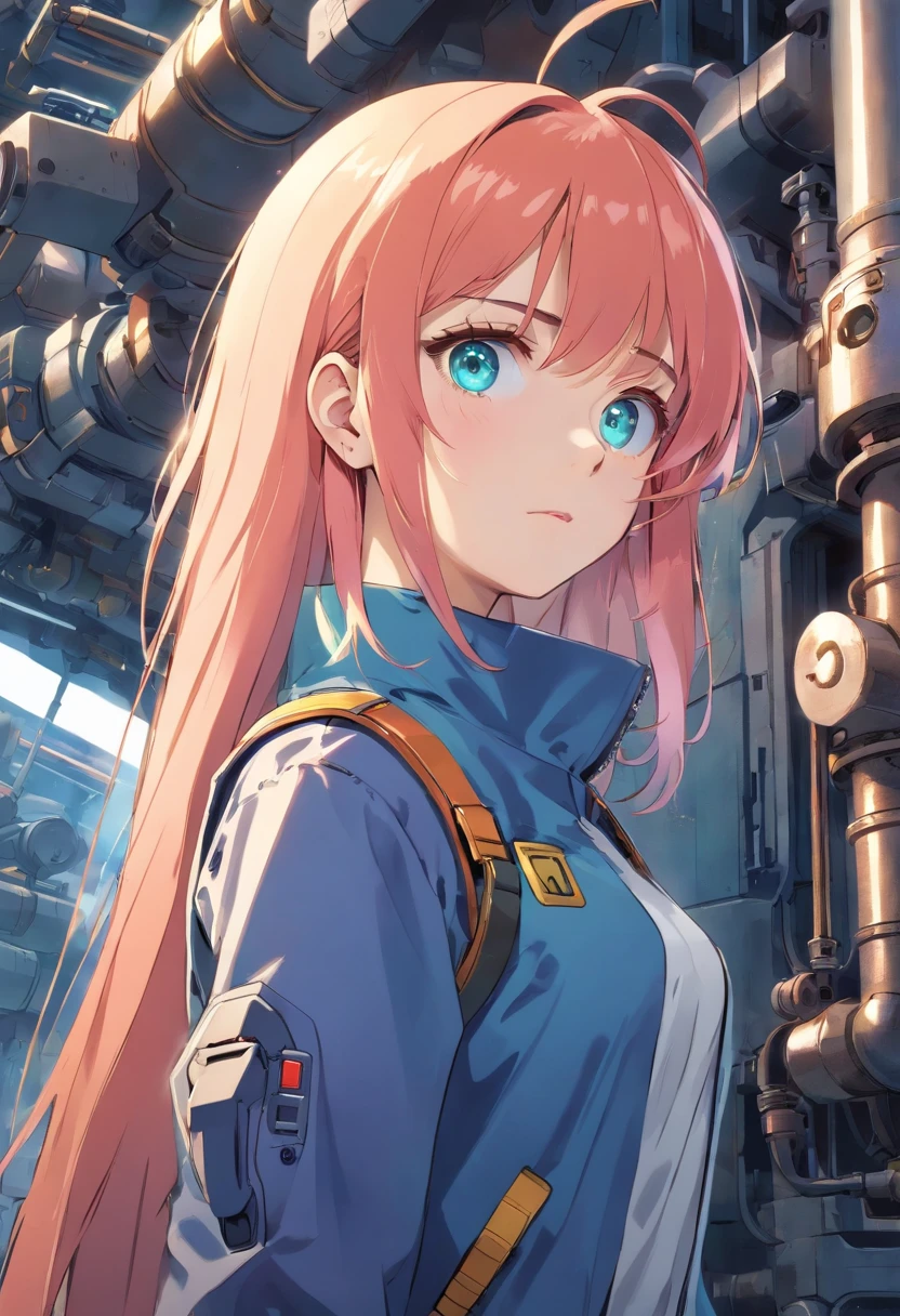 masterpiece, best quality, girl, gradient hair, heterochromia, techwear, leaning against wall, at the Mecha Mobile Suit Gundam Thunderbolt manufacturing factory
, pipes, machines, gears, metal