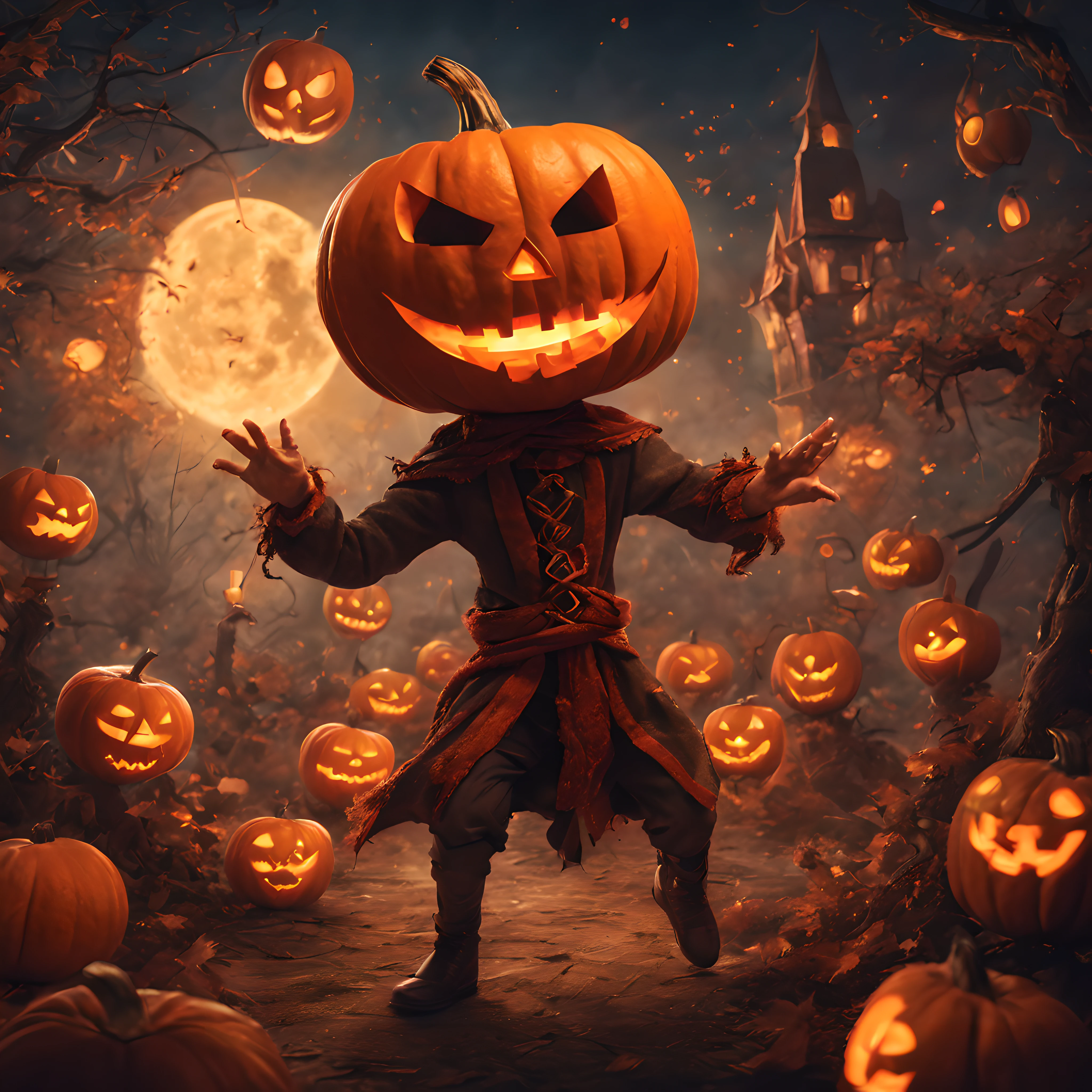 dancing Jack O'lantern, playing Jack O'lantern, fantasy world, magic world, a magical world, fairytale、jack O'lantern world. fantastic background,