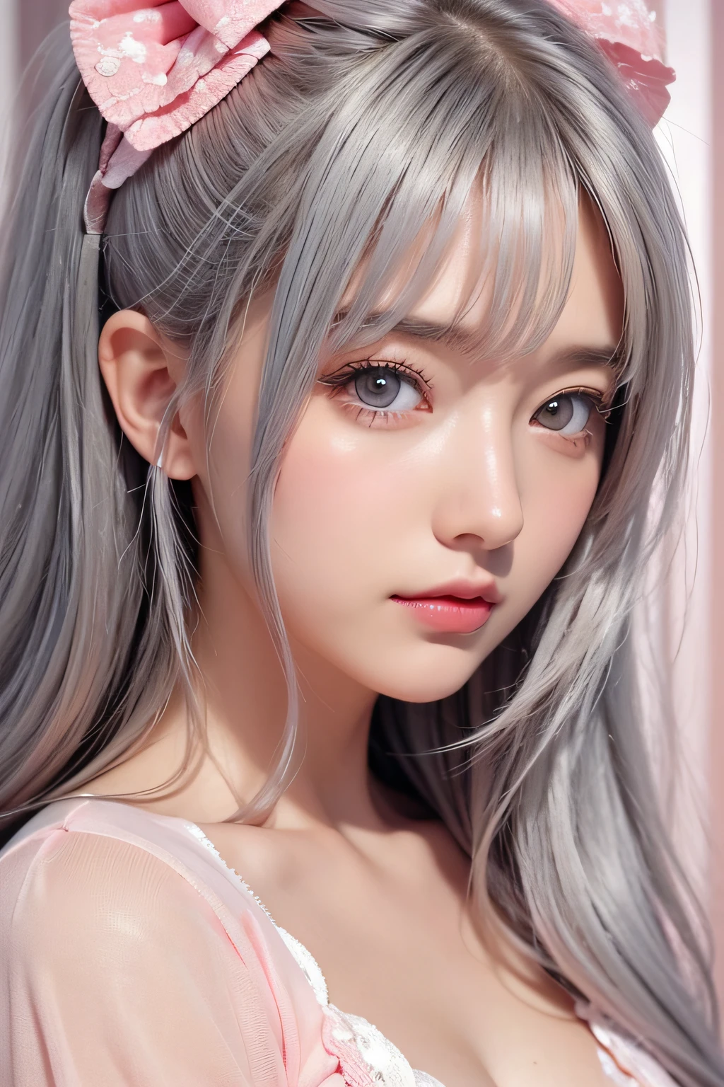 masutepiece, Best Quality, super detailed, Illustration, Beautiful detailed eyes, close up, girl with. I have gray hair, pink bows, White pajamas. Clothes basket