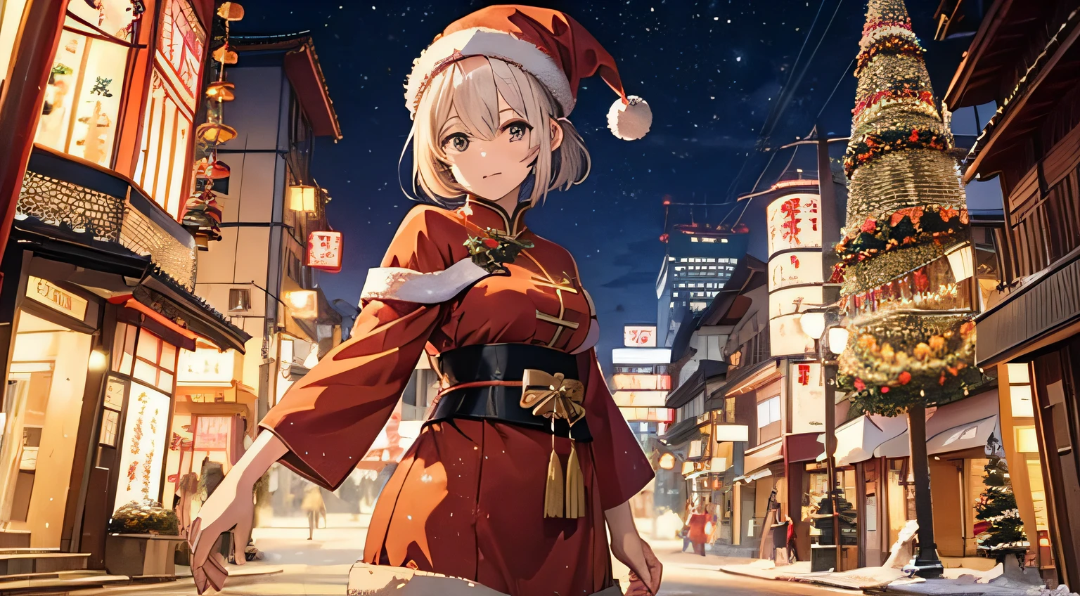 Japan Anime Style, Christmas Night City, Original Chinese costume in the style of Santa Claus, Christmas tree on background, Dark hair