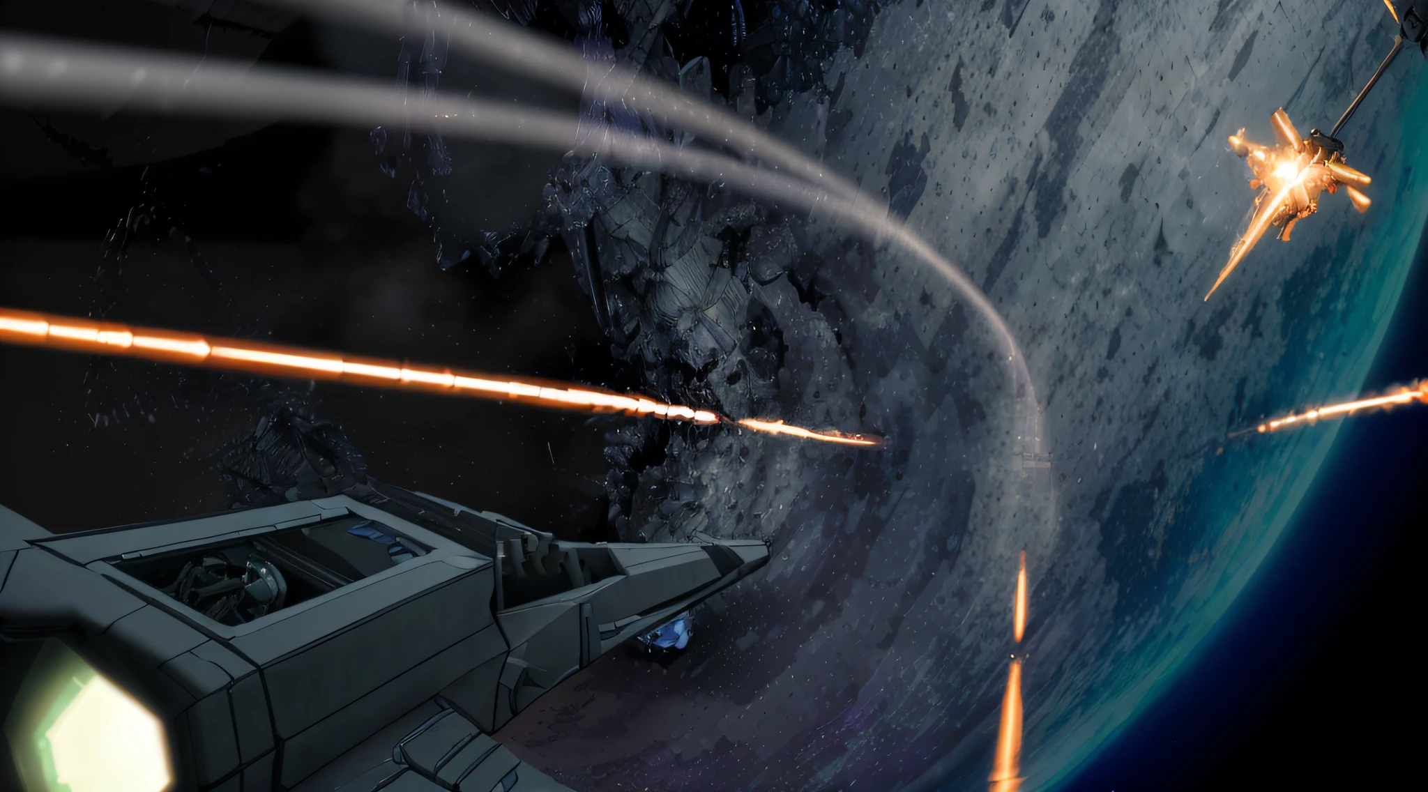 Future fighter,Biomechanical metals,greys,purple color details,firing laser,Beautiful sunset,Ultra detailed,Ultra photo realsisim,4K,ultra detailed image,true,Highly detailed, Perfectcomposition,Beautiful, Intricate details, Incredible detail,Ultra-detailed 8K art shots,Masterpiece