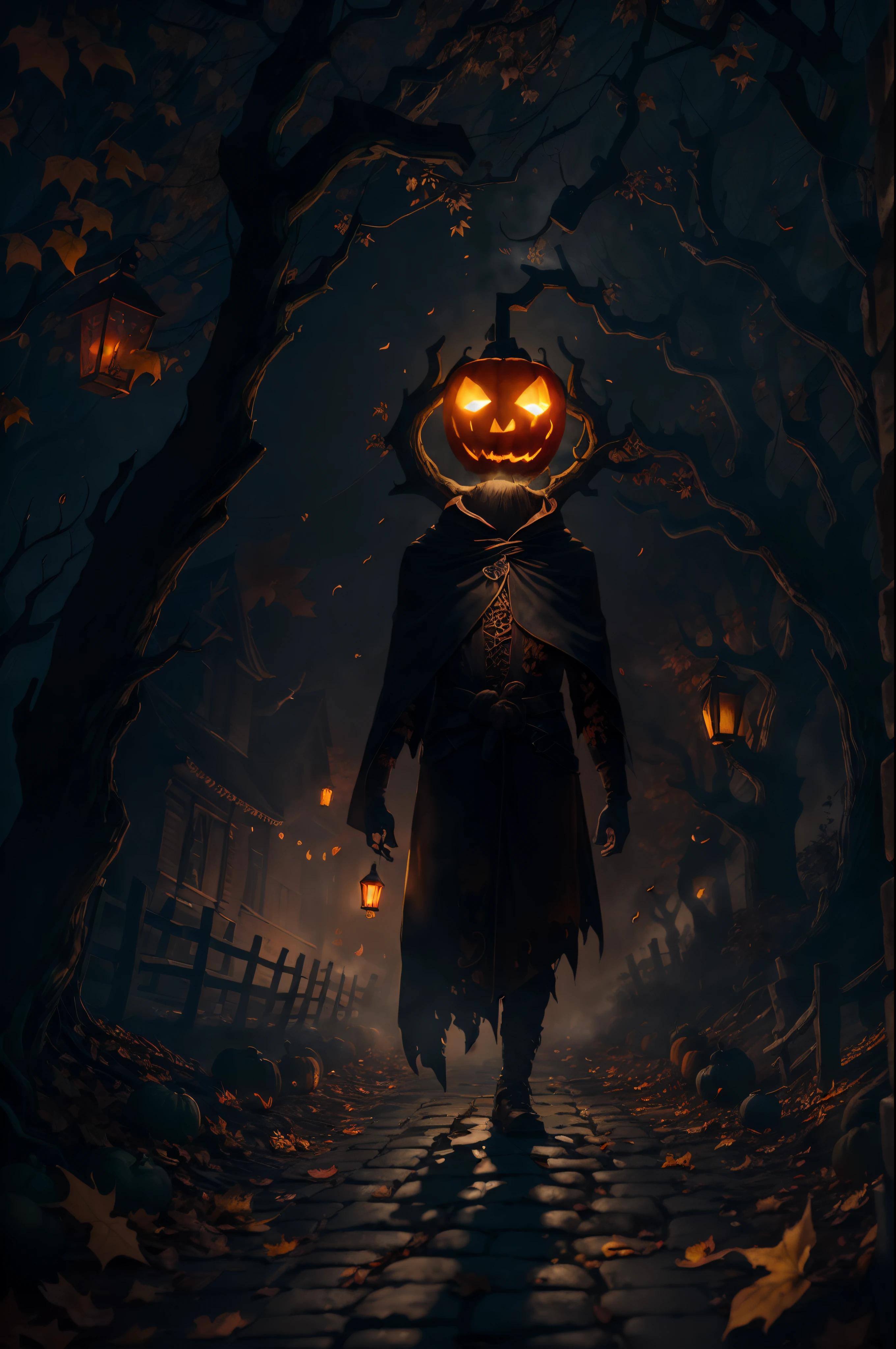 (best quality,4k,highres,masterpiece:1.2),ultra-detailed,Halloween night,wanderer,close shot,pumpkin head, pumpkin head on human figure,dark mysterious atmosphere,spooky,creepy,ominous,haunting,night,full moon,shadows,night sky,glowing eyes,carved pumpkin,pumpkin lantern,bats flying,distant screams,fallen leaves,gnarled tree branches,glowing lanterns,misty fog,old cobblestone path,distant silhouette,ominous silhouette,stray cats sneaking,crackling leaves,sinister smile,dark cape,walking stick,mischievous,haunted vibe,skeletal fingers,long shadow,dread,unearthly feeling,autumn colors,ominous presence