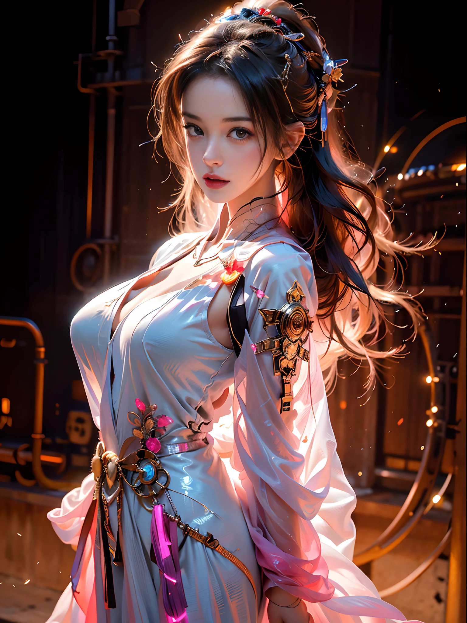 (RAW photo, best quality), (realistic, photo-realistic:1.3),best quality,highly detailed,masterpiece,ultra-detailed,illustration,1girl,upper_body,dynamic angle,world masterpiece theater,messy_long_hair,best quality,extremely detailed CG unity 8k wallpaper,ink,Amazing,cinematic lighting,lens_flare, dunhuang_style, (nsfw:1), (naked body:1), (naked ass:1), (big breasts), (sexy face), (perfect hands), (perfect fingers), see-through fabric