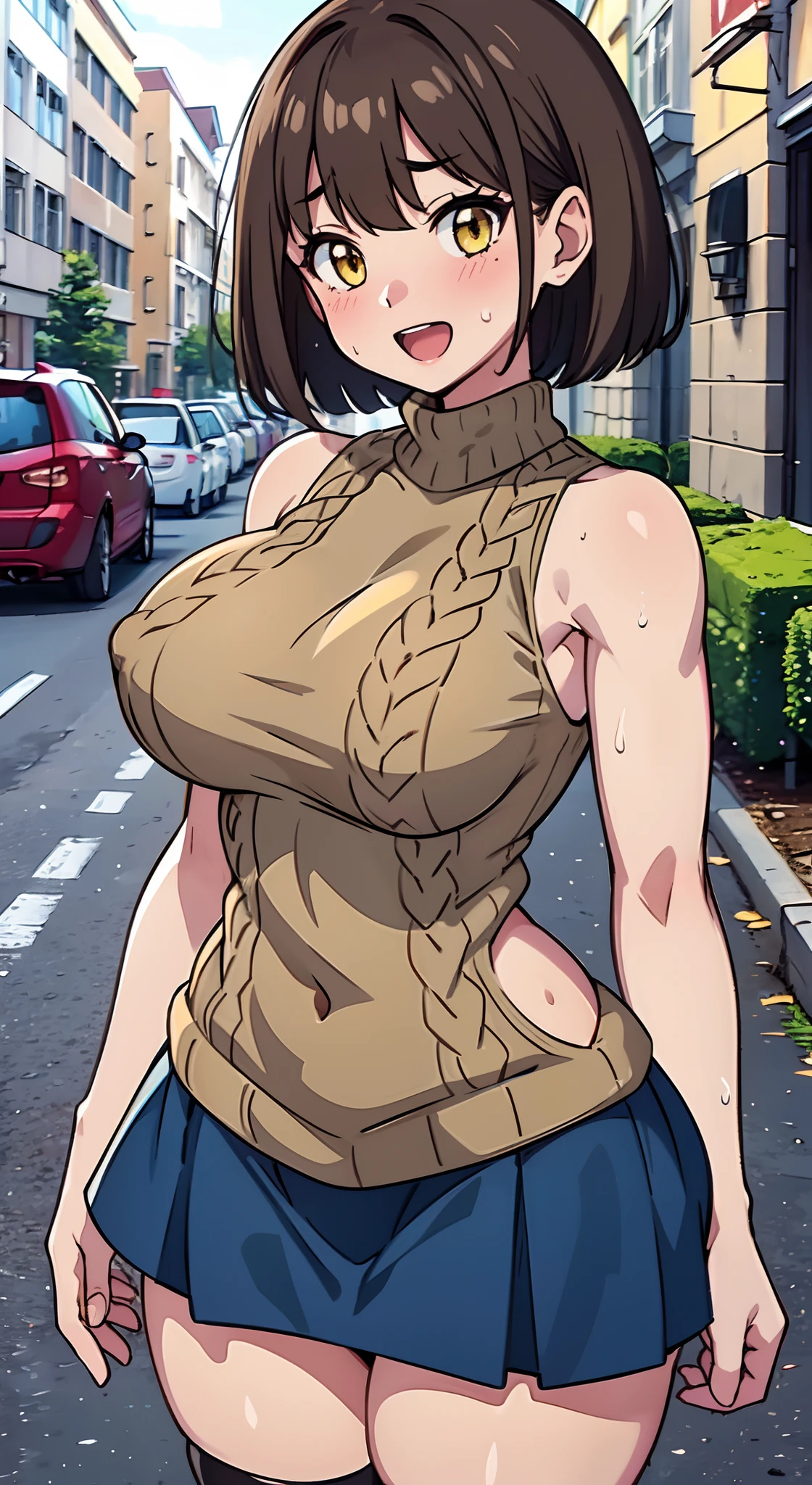 (Perfect body),Best Quality,(8K Portrait),(Official art)、(NSFW)、(((muscular)))、embarrassed from、1girl in,(:D)、(((thick thighs)))、(((blush))),(Sweat),((((large udder))))、(big butts)、(Dark hair),((bob cuts)),Short hair, (Yellow eyes),(((Sleeveless brown sweater)))、(Blue mini skirt)、Black knee socks、(Armpits)、(In the street)、natta、is standing