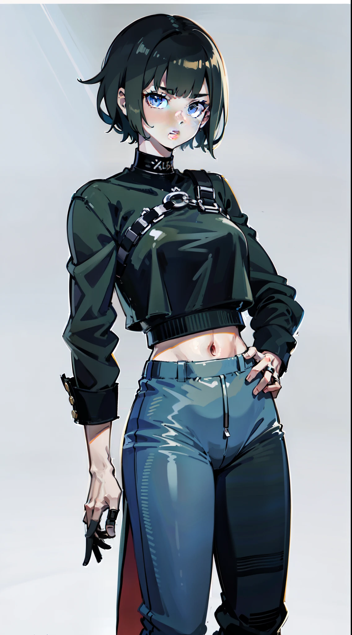 1girll,Tomboyish,Cool girl,Tall girl,Black color hair,In black suit,Loose draped suit pants,street girl,minimalistic background,white solid background