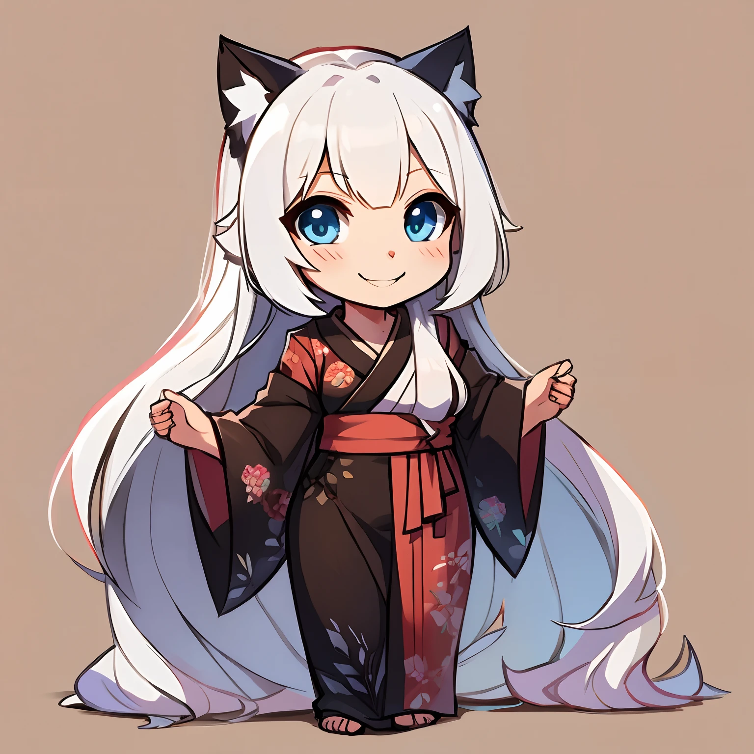 Cat ears, white hair, long hair, blue eyes, human nose, kimono dress, chibi, fullbody, smile, fang