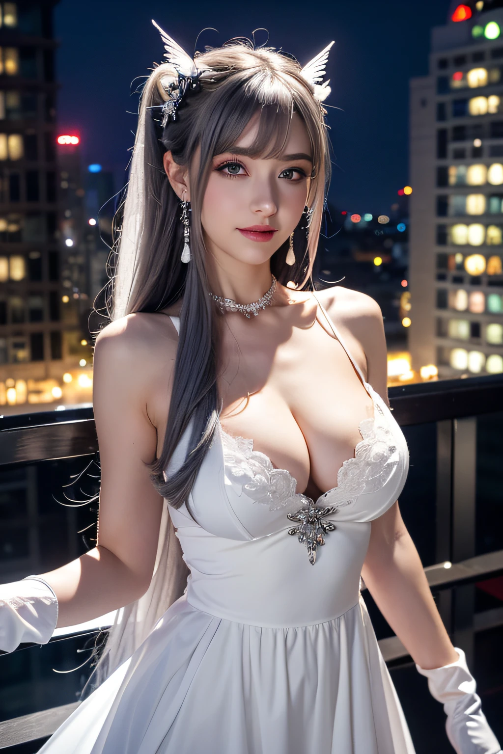 (Realistic painting style:0.9), masutepiece, Best Quality,  absurderes, Looking at Viewer, Solo, bronya zaychik (silverwing n-ex), bronya zaychik, Red pupils, 1girl in, Solo, breasts, Long hair, Dress, Grey Hair, cleavage, Looking at Viewer, Smile, Closed mouth, Bangs, grey  eyes, Jewelry, single glove, earrings, White Dress, gloves, Bare shoulders, Sleeveless dress, Drill Hair, Sleeveless, Single sleeve, hair between eye, Large breasts, twin drills, White sleeves, Hair Ornament, Single-pole drone, city, Night