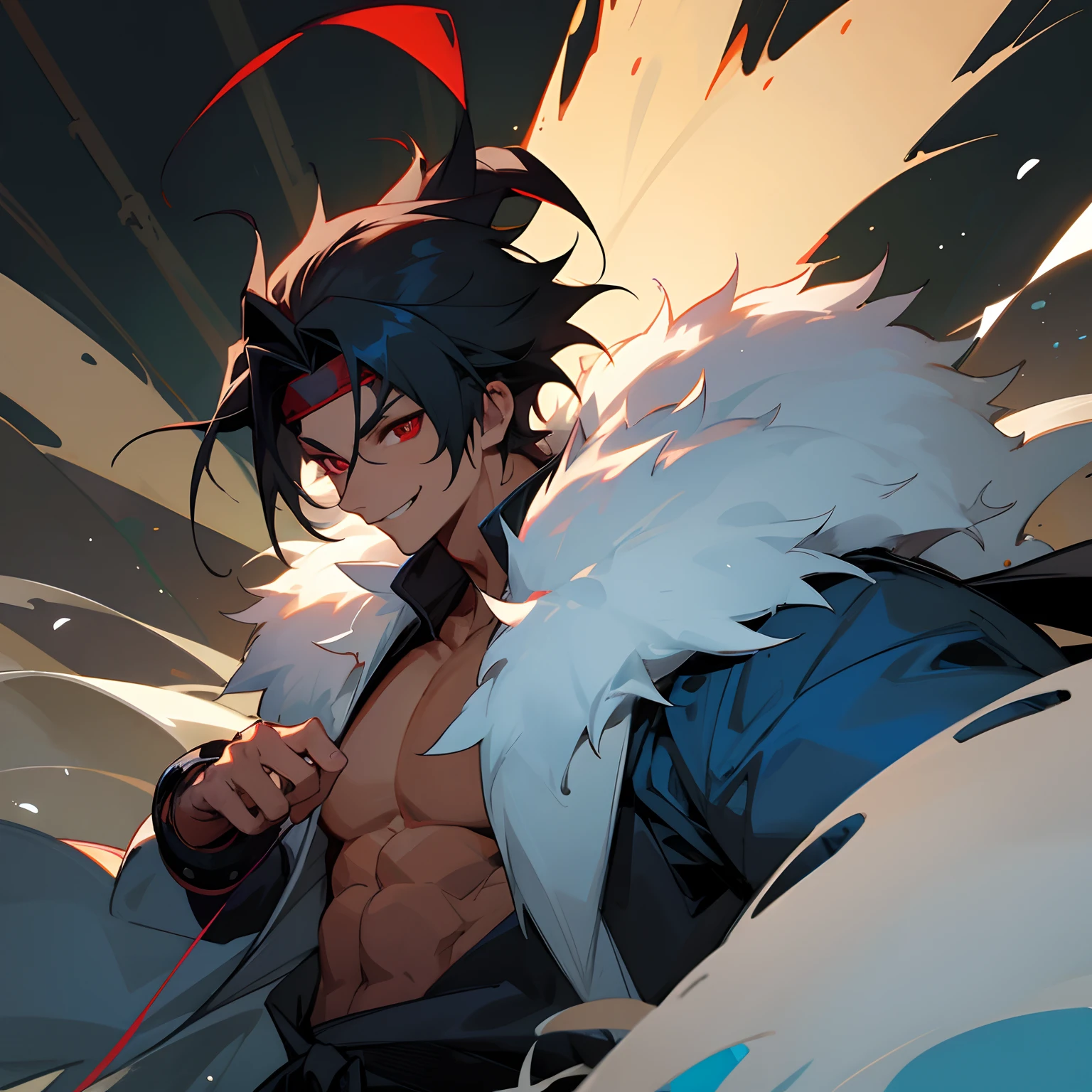 1male , black hair , red eyes , spiky hair short , light tanned skin , blue coat with fur around the collar and wrists , black headband , forest background , smiling expression , ninja clothing , muscular build , adult male