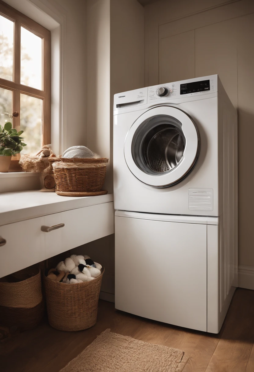 a white washer and dryer is on a wooden countertop with a small toy ball,in the style of colab,hallyu,rollei prego 90,captivating realism,intel core,dark beige and silver,bold colors,strong lines