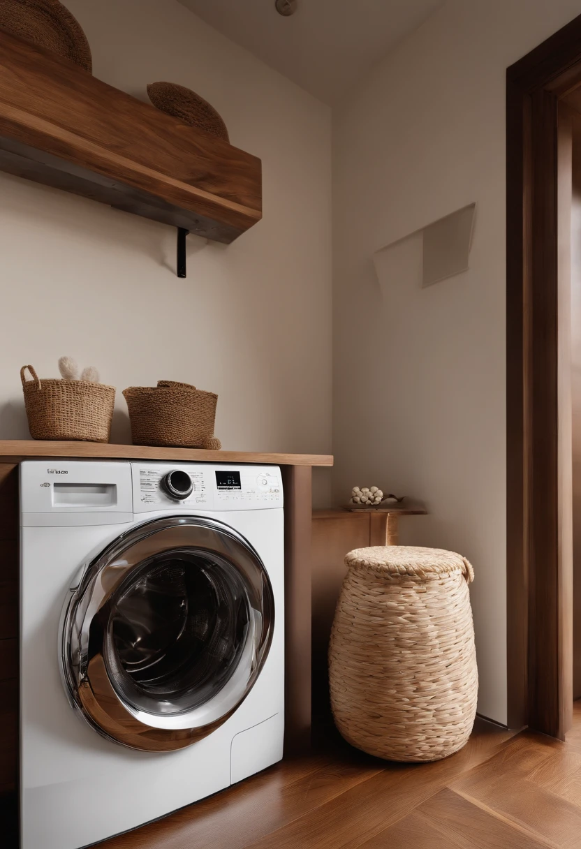 a white washer and dryer is on a wooden countertop with a small toy ball,in the style of colab,hallyu,rollei prego 90,captivating realism,intel core,dark beige and silver,bold colors,strong lines