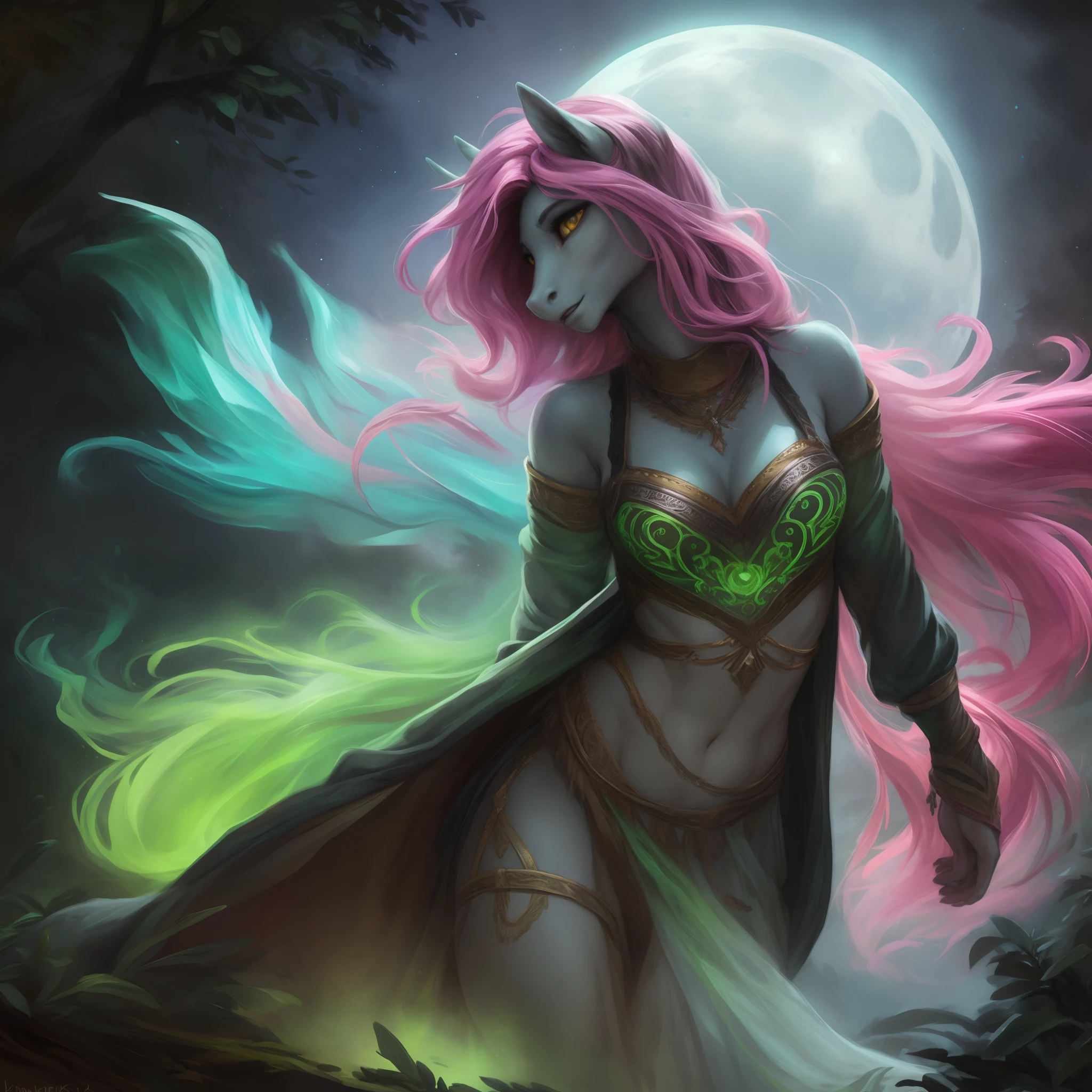 by Kenket, Ruan Jia, Chunie, Bonifasko, Extremely beautiful pony maiden, charismatic, magic (((glowing green-pink mane))), green and pink mane, cyan evaporating fur, cyan body, wearing crystal brasserie, runic artifacts, epic shoulders, visible belly, super slim waistline, graceful figure, realistic anatomy, toned abs, 8k image, detailed face of fantasy female pony character, detailed yellow eyes, beautiful intricate nature, wisps, moon glow