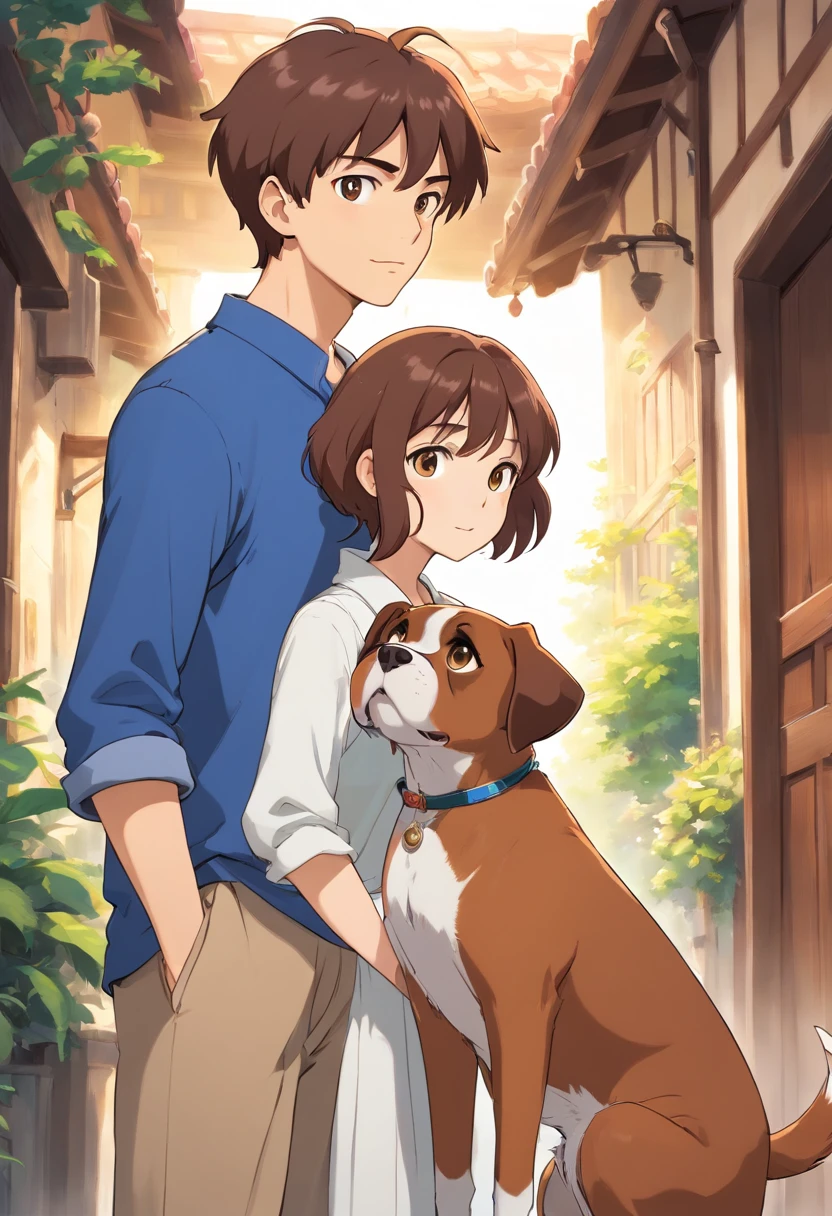 brown haired couple, brown eyed couple, man taller than woman, matching clothes, blue clothes, pet with them, dog, boxer, brown and white dog, cat with them, black and white cat