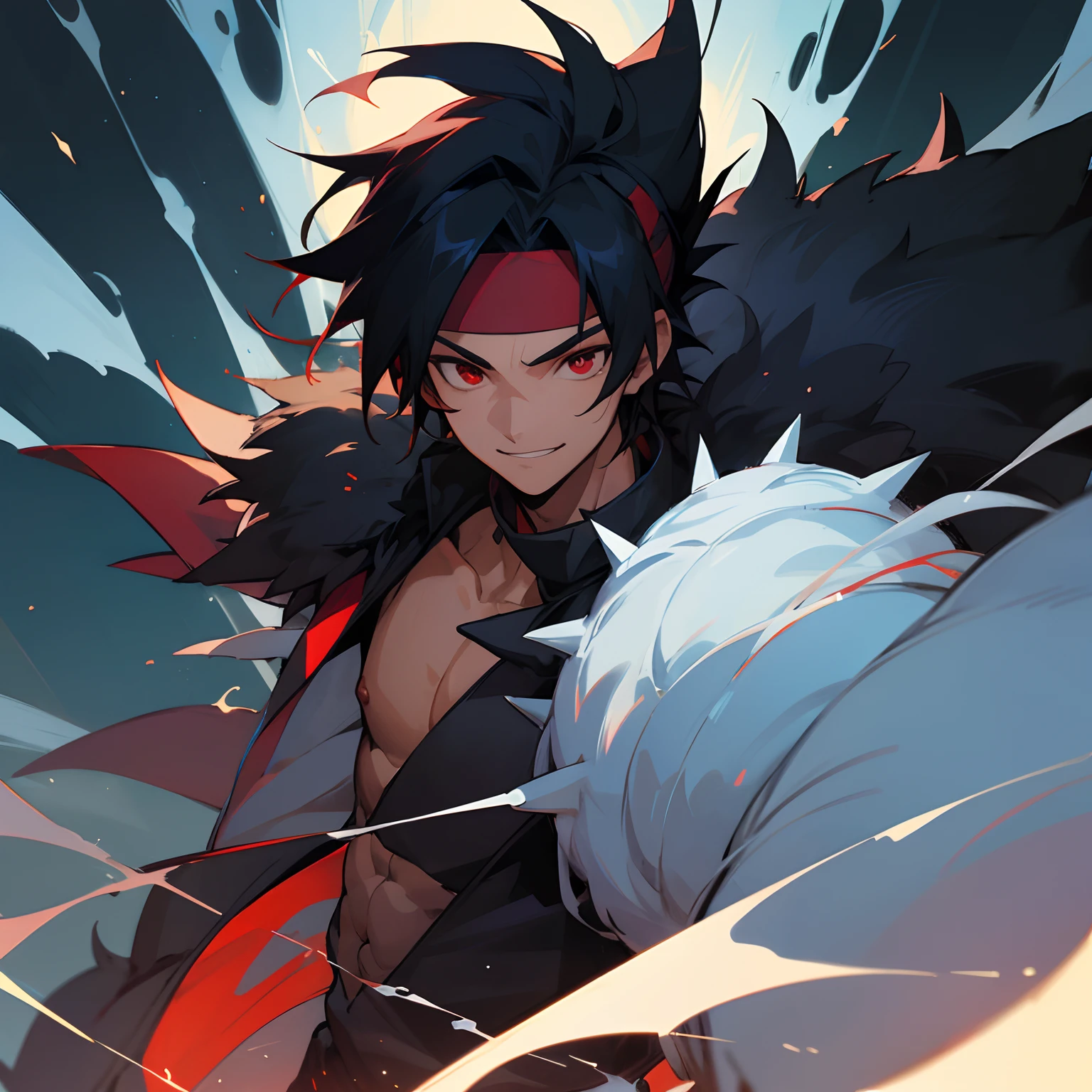 1male , black hair , red eyes , spiky hair short , light tanned skin , blue coat with fur around the collar and wrists , black headband  , forest background  , smiling expression , ninja clothing , muscular build , adult male