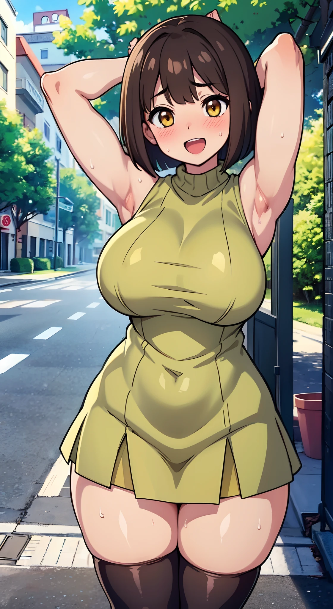 (Perfect body),Best Quality,(8K Portrait),(Official art)、(NSFW)、(((muscular)))、embarrassed from、1girl in,(:D)、(((thick thighs)))、(((blush))),(Sweat),((((large udder))))、(big butts)、(Dark hair),((bob cuts)),Short hair, (Yellow eyes),(((Sleeveless brown sweater)))、(Blue mini skirt)、Black knee socks、(Armpits)、(In the street)、natta、is standing