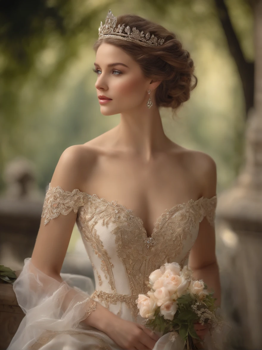 (best quality,4k,8k,highres,masterpiece:1.2),ultra-detailed,(realistic,photorealistic,photo-realistic:1.37),Oil painting of a princess,elegant, charming face,wide cleavage,sexy,mature,England era,medieval,royalty,aristocrat,detailed hair and accessories,delicate brush strokes,rich color palette,soft lighting,ornate crown,luxurious gown,beautiful lace details,serene expression,soft background,textured canvas,impressive size,peaceful atmosphere,royal gardens in the background,wisps of wind gently blow the princess's hair,looking towards the distance,graceful posture,sparkling jewels,subtle blush on her cheeks,subtle smile,dappled sunlight filters through the trees,meticulous attention to detail,romantic ambiance,vintage setting,storybook-like quality,vibrant colors,gesture of importance,pure and ethereal,subtle surrealism,sense of tranquility,whimsical elements,impressive composition,regal presence.