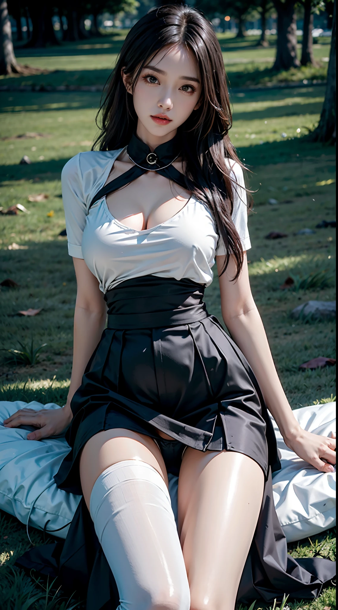 Photorealistic, high resolution, Soft light,1womanl, Solo, Hips up, view the viewer, (Detailed face), Long hair, lying on the grass ground, look from down, Show panties, See panties, secretary_uniform, Black skirt, Pantyhose, tattoo, jewelry