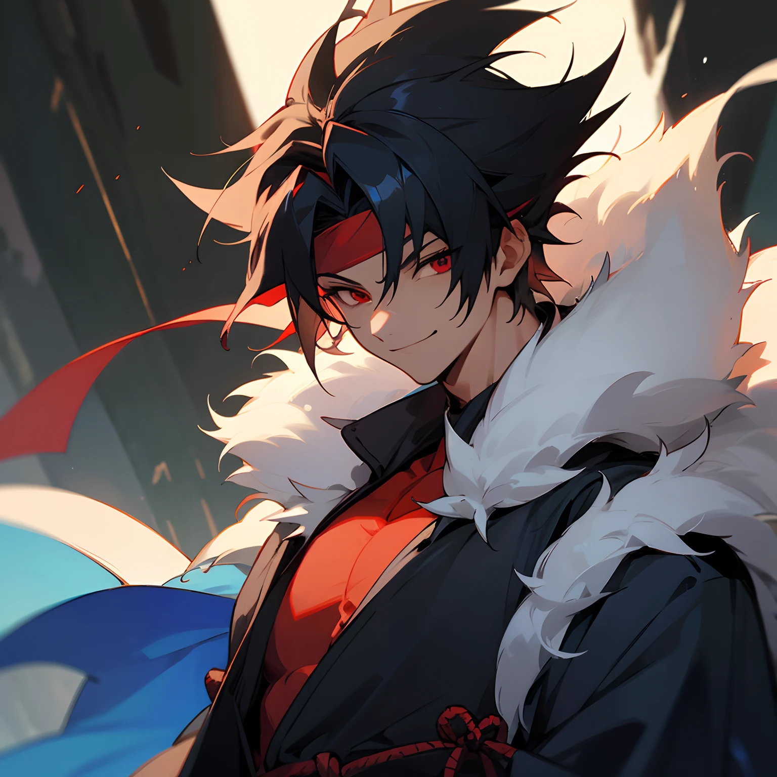 1male , black hair , red eyes , spiky hair short , light tanned skin , blue coat with fur around the collar and wrists , black headband  , forest background  , smiling expression , ninja clothing , muscular build , adult male