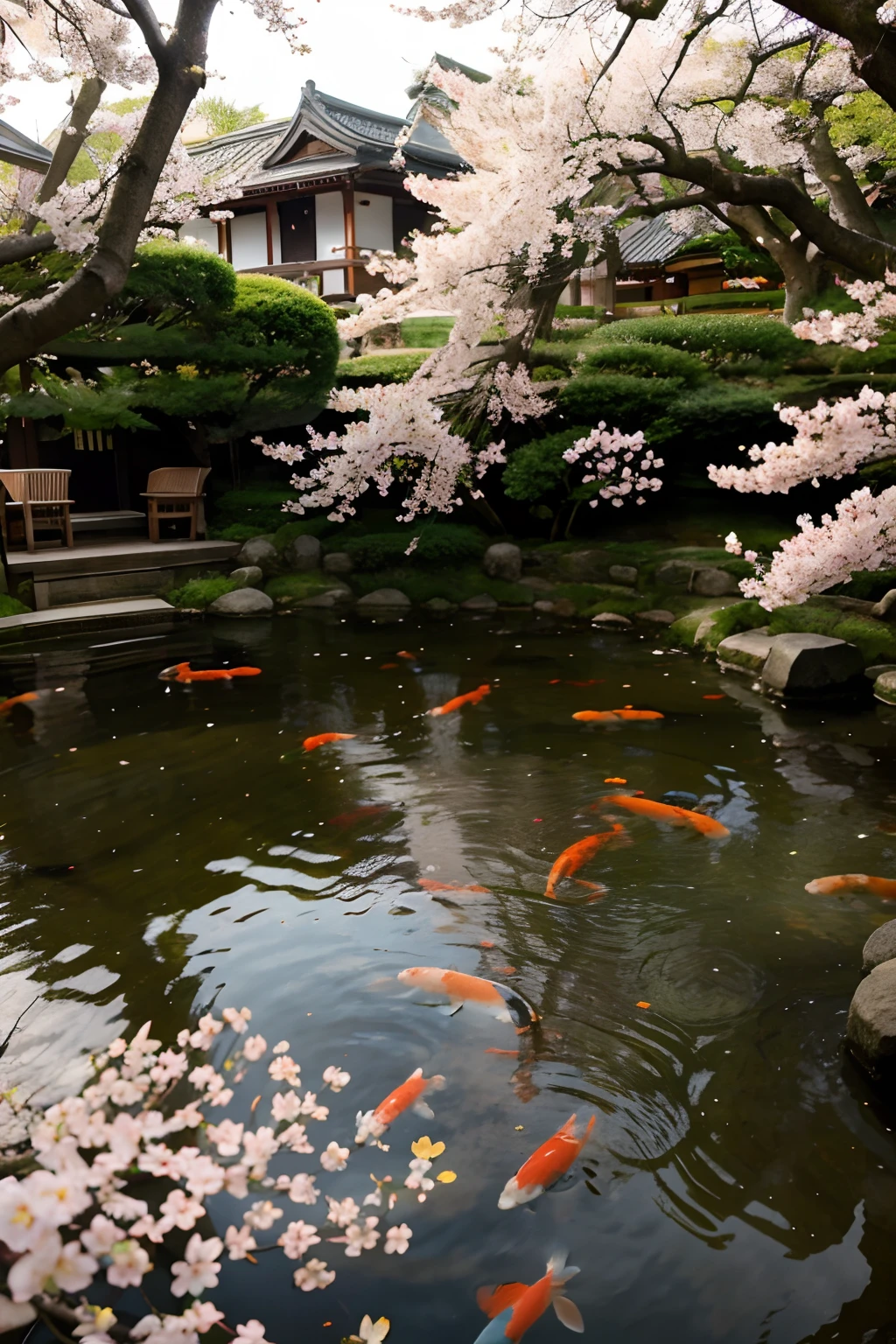 koi pond, sakura trees, sakura petals, japan