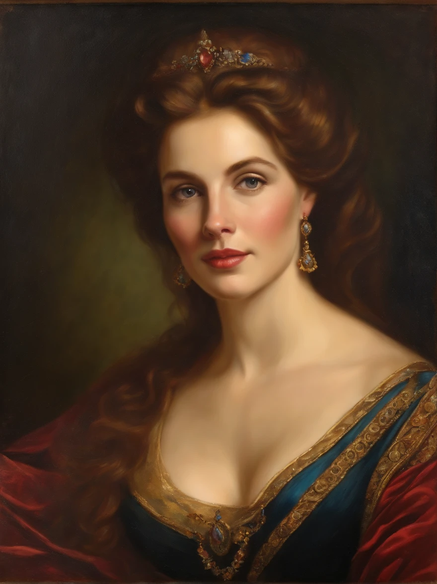 Oil painting of a princess, mature, wide cleavage, sexy, elegant, charming face, England era, medieval, royalty, aristocrat