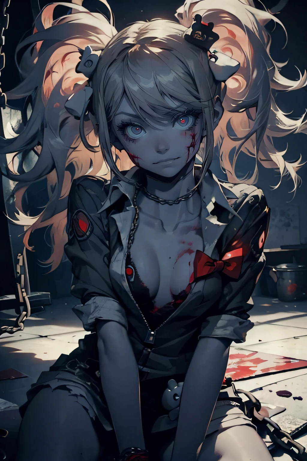 masterpiece, best quality, 1 girl, supine, lying face down on the floor, pale skin, messy hair, red eyes, glowing eyes, creepy, creepy smile, crazy expression, blood on face, blood on clothes, naked, creepy, scary, blood, horror, light particles, night, iron bracelets with chains