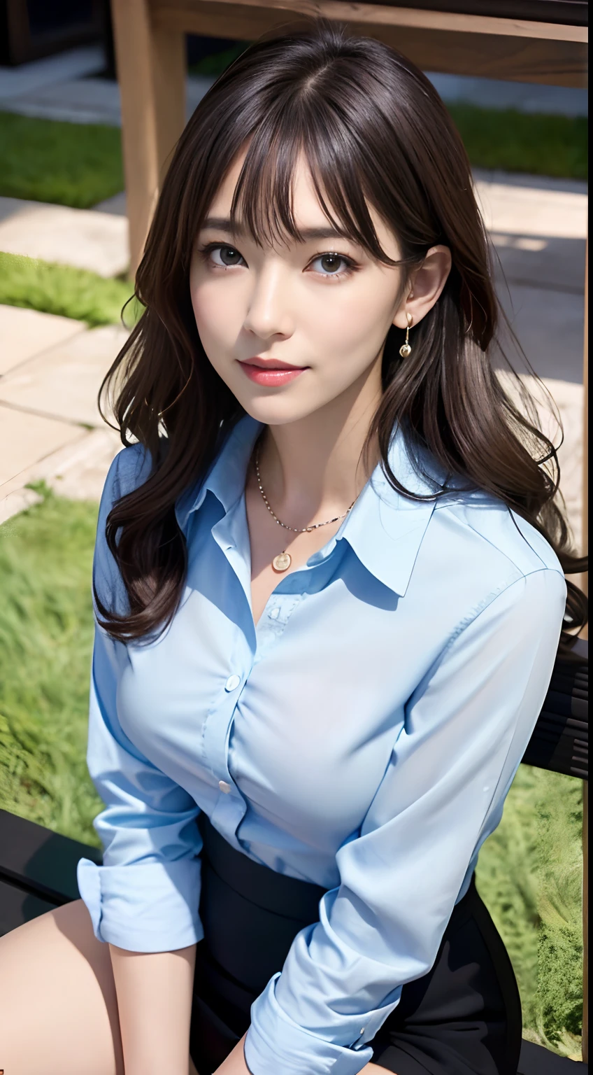 (masutepiece: 1.3), (max resolution: 1.2), (Ultra HDTV: 1.2), cinematric light, Ultra HDTV, (Detailed eyes and skin), (detailed facial features), nffsw, 8K resolution, Perfect Style, Beautiful face, acurate, Anatomically correct, Highly detailed face and skin texture, Detailed eyes, Dark-blue eyes, Double eyelids, Thin eyebrows, Glitter Eyeliner: 1.2, Natural cheeks, Glossy skin, Fair skin: 1.2, shiny little necklace and earrings, (Glossy lips: 1.4), BREAK, absurderes, One-person viewpoint, (she is high school Teacher), (Wearing a Button up shirt, formal jackets, pencil skirts, high-heels), (Seductive smile: 1.2), (Staring at the viewer), ((a Innocent and cute girl:1.3)), (Layered hairstyle, Wavy Hair), (light brown hair:1.2), Medium Long Hair, (Full body shot: 1.2), Focus on Face, ((Very intimate relationships: 1.2)), Large underneath of the shirt,, ((Sit on a black bench in the middle of the lawn:1.2)), ((Company lunch break)), (From directly above:1.2),