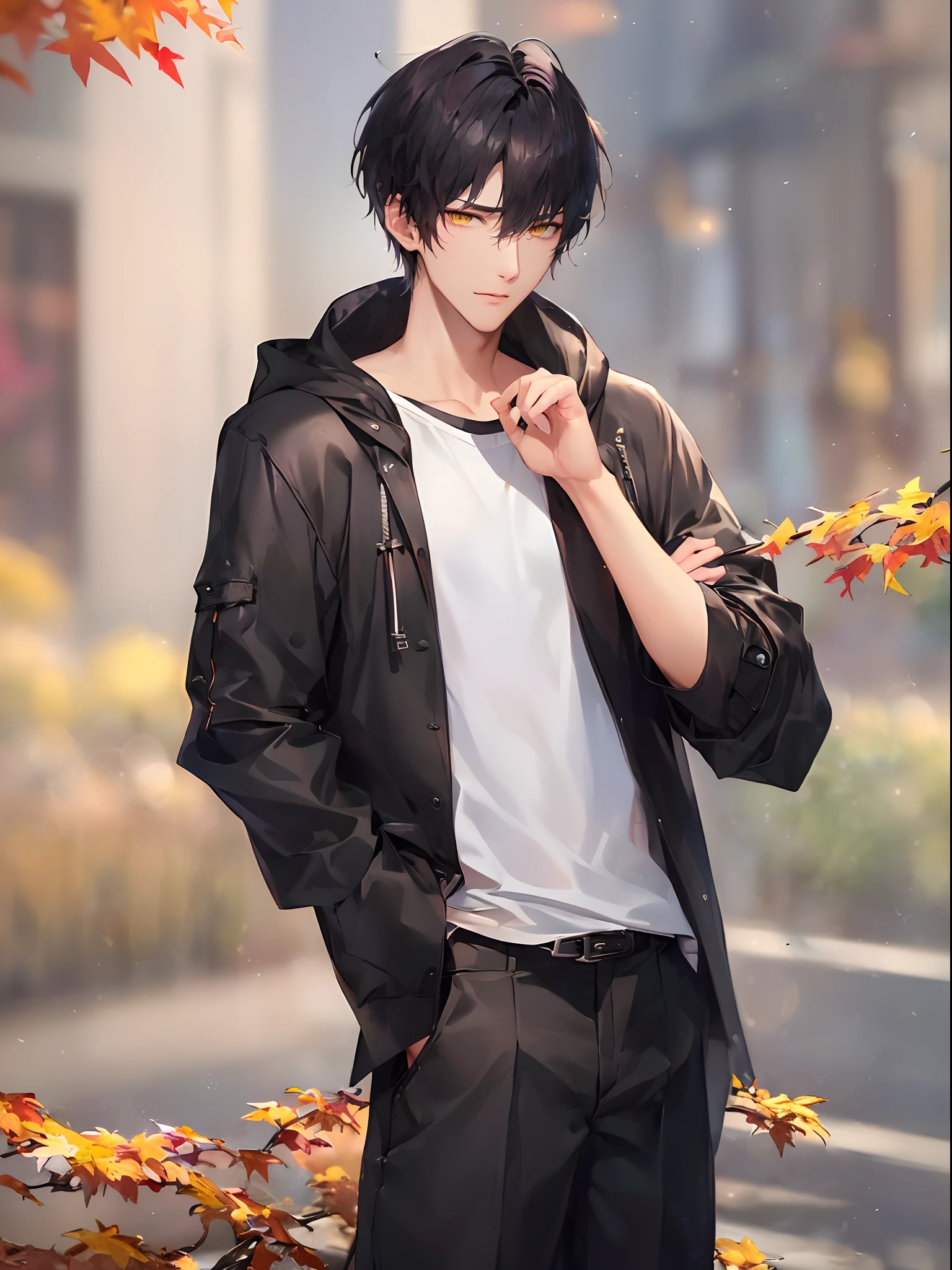 (4K works))、masterpiece、(top-quality)、greybackground、Taking Artist Photos、the cover of the album、Model photo、Korean Male、Adult male、((Adult 26 years old))、((Adult older brother))、((Face similar to Hyun Jin))、Cool Men、tall、((Troubled expression))、((Strong eyes))、((Wearing a white T-shirt and a hooded black jacket、White long trousers))、((Autumn clothing style with long sleeve long pants))、((smaller face))、Slim body、((hooligan))、((Black short-haired))、((Yellow eyes))、((shot from front))、((Pose with hands on the head))、((Artist Photos))、((Shot alone))、((Solo Photography))、Professional Photos、((Focus zoom in))、((Upper body photography))、((Face enhancement))