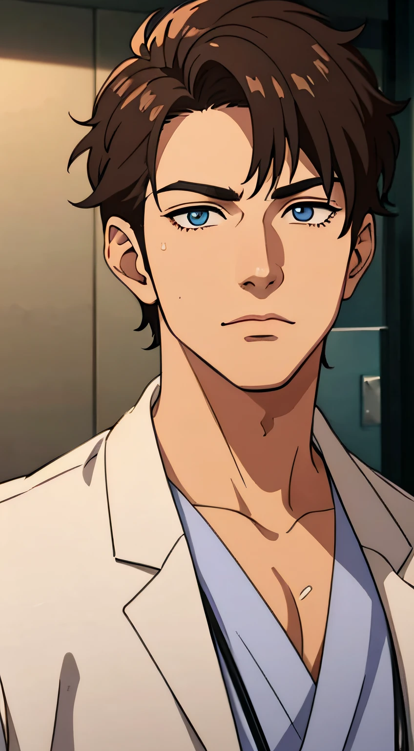 1 male doctor, anime, 27 years old, facing front, with super short hairstyle, wearing white doctor gown, standing at hospital as if he is being interviewed, perfect eyes, realistic eyes, very handsome face, face with golden ratio, standing, in hospital, highly detailed eyes, big eyes, very handsome face, good looking face, good looking eyes, masculine jaw, , he is doing an interview at the hospital, very short hair, very short hair, manly jaw, looking cool, facing front, he is being interviewed so that he is facing forward, perfect eyes, manly jaw, masculine face, very attractive face, very attractive eyes,