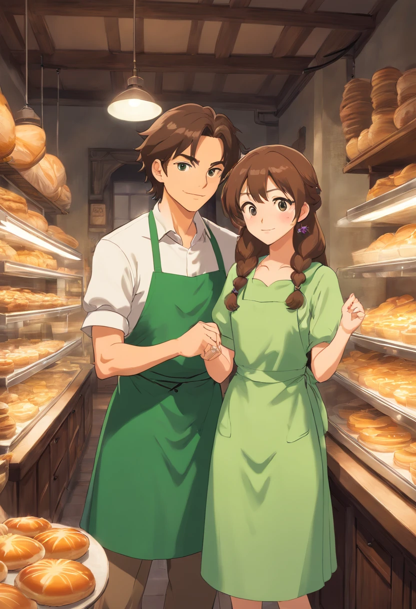 brown haired couple, man taller than woman, long haired woman, bright brown eyed man, dark brown eyed woman, woman in green dress, man in brown apron, working in a bakery together, woman is a secret witch, man in love with woman