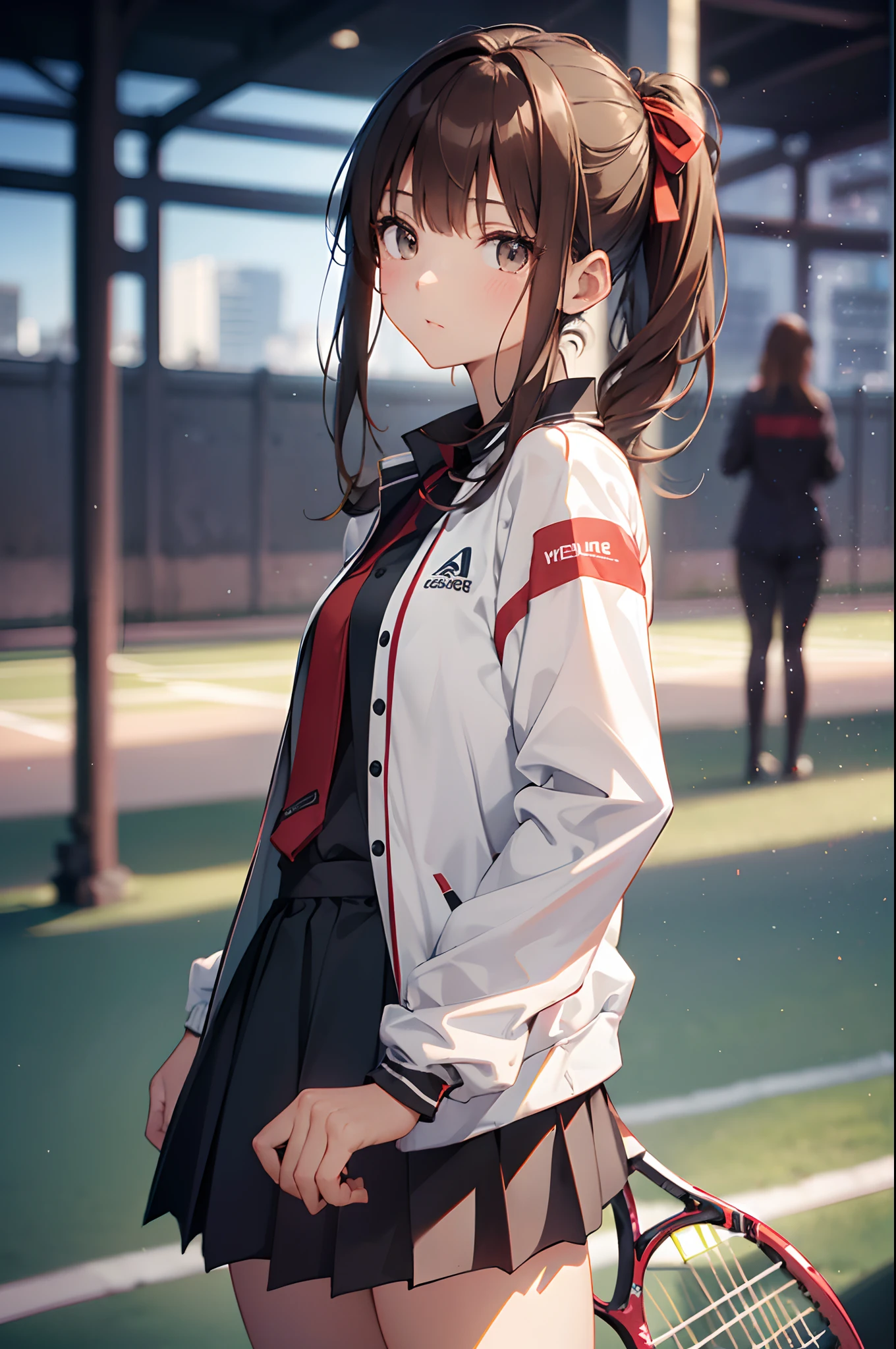 Official art, Unity 8k Wallpapers, ultra-detailliert, ​masterpiece, top-quality, 1人の女性, (ighly detailed),(Raw photography、top-quality)、(realisitic、Photorealsitic:1.3)、high-detail、Ultra-detailed complex 3D rendering of faces、(highlydetailed skin:1.2)、dynamic ungle, Fireglow effect,  profetional lighting, side lights, ciinematic light, 超A high resolution, 8K , film grains,Best Shadows, Particles of light, detailed skin textures, A detailed face, intricate-detail, ultra-detailliert, with light glowing, Looking back、Full body, tennis coat、beauitful face、blurry backround、18 year old beautiful girl、shinny skin、Twin-tailed、beautiful brown hair、Gray eyes、Tie your hair with a big red ribbon、(Tennis Uniforms、Holding a racket、dynamicposes:1.3)、raise arms、Dynamic Poses、white  panties、