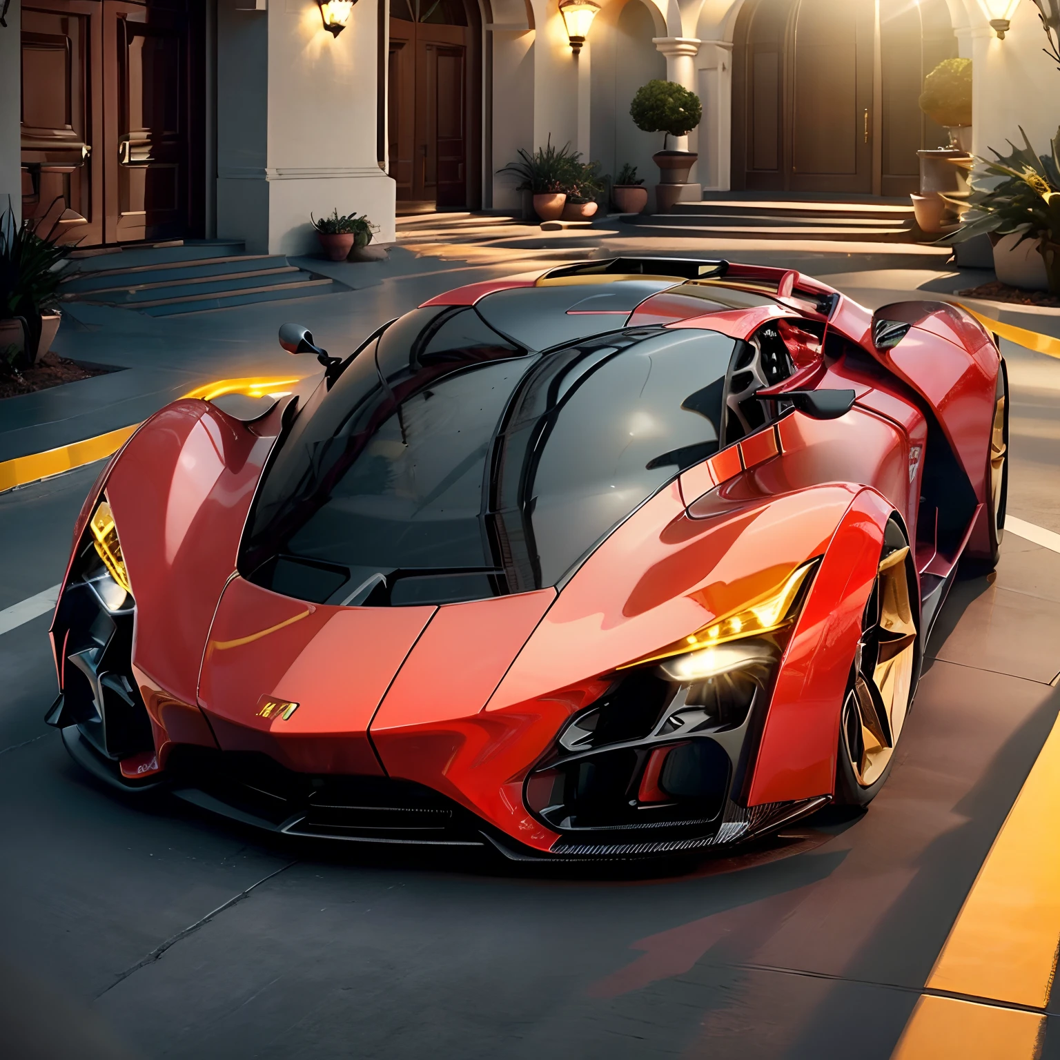 A sports car,Gorgeous look,Streamlined body,(Oversized gold wheels),(High-tech headlights:1.3),Park your car in the courtyard of the villa,(The sports car is big red:1.5),Sports car close-up,tmasterpiece,the highest picture quality,Mid-range vision