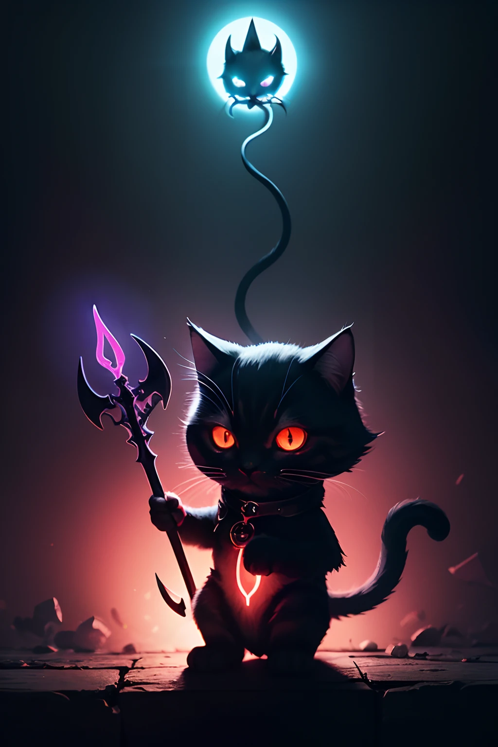 Illustration of a cute cat-shaped devil, red glowing eyes, a pointed tail, a trident, black and purple, light and shadow, creepy aura:1.5, (Masterpiece), (Best Quality), (Ultra high Detailes)