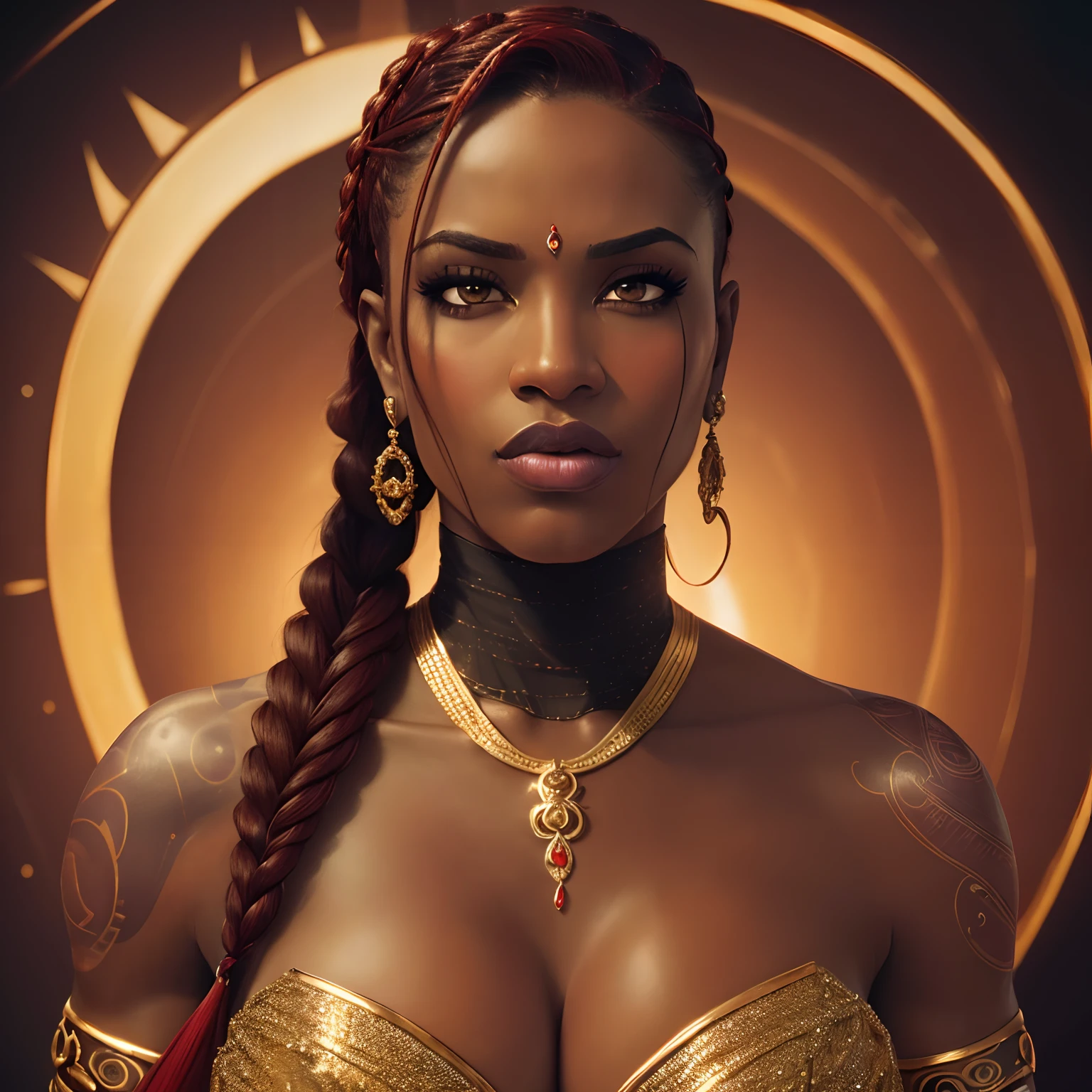 (best quality:1.2,ultra-detailed,realistic:1.37),dark skin,red braided hair,beautiful face,big lips and kiss,cleavage,elongated neck,fierce eyes,tattooed arms,exquisite clothing,contrasting colors,shimmering gold jewelry,romantic background,soft lighting,portraits