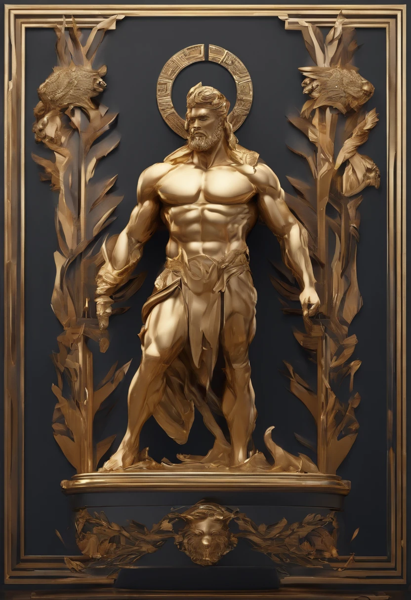 Stock stoic Grigkey，This is the historical position of Greece，Gold texture，Muscular 8K movie profile with Hercules style and dark background