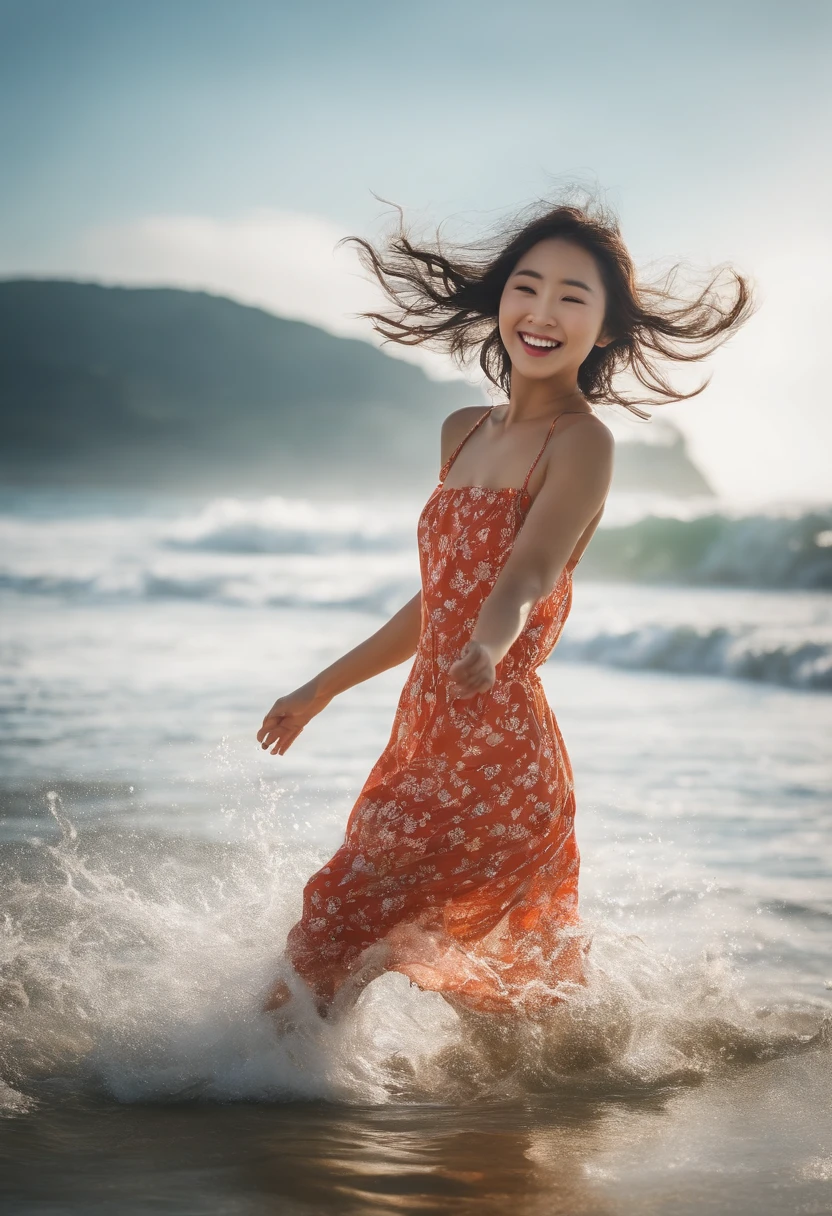 photo of the cheerful Japanese girl, similar to the one in the second image, frolicking in the waves wearing a swimsuit, with a scenic beach landscape surrounding her.