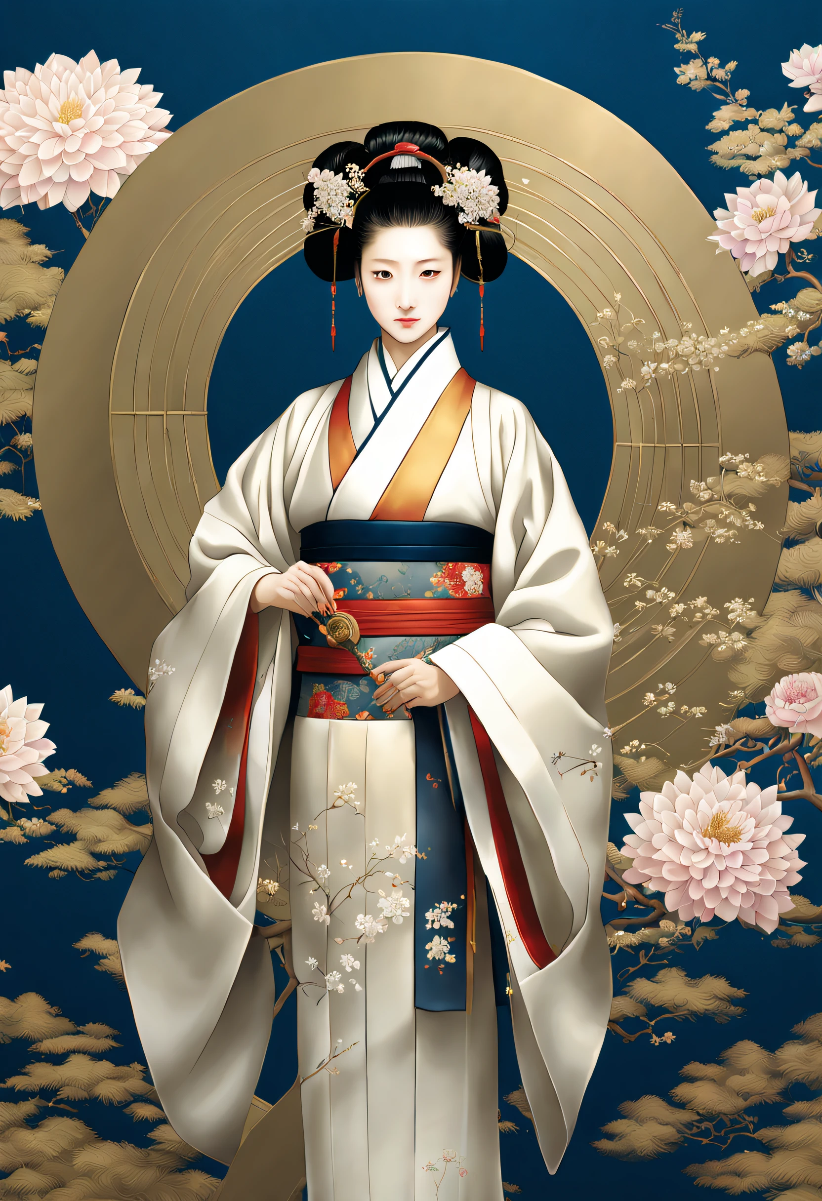 (The artwork:itō jakuchu), 8K, hard disk, A masterpiece of precision and precision, Japan style、 by Jakuchu Ito, hard disk, detaileds , Show Avatar, The most beautiful women, Jakuchu Ito Style, Portraits of the most beautiful women, beautiful countenance, A highly detailed, control, Color painting、Rich in color、japanese painting, Contrasty, Detailed Background Description、 by Jakuchu Ito, clean, compact, A detailed、(the golden ratio:1.4)、masutepiece、top-quality、Signature canceled、