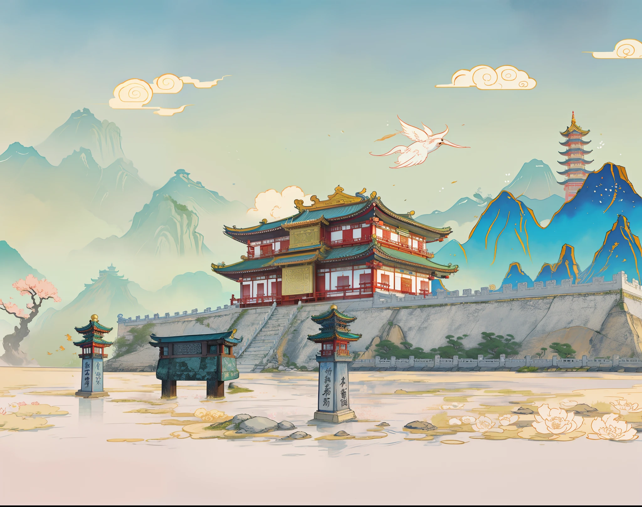There is a photo of a Chinese landscape，There are a lot of flowers in it, Temple background, Chinese-style windows，A bird in fly，Ding, background depicting a temple, digital painting of a pagoda, Chinese watercolor style, palace background, fairy tale style background, palace floating in heaven, Zen temple background, flying cloud castle, A beautiful artwork illustration, jellyfish temple, Japanese art style, scenery art detailed, cyberpunk chinese ancient castle