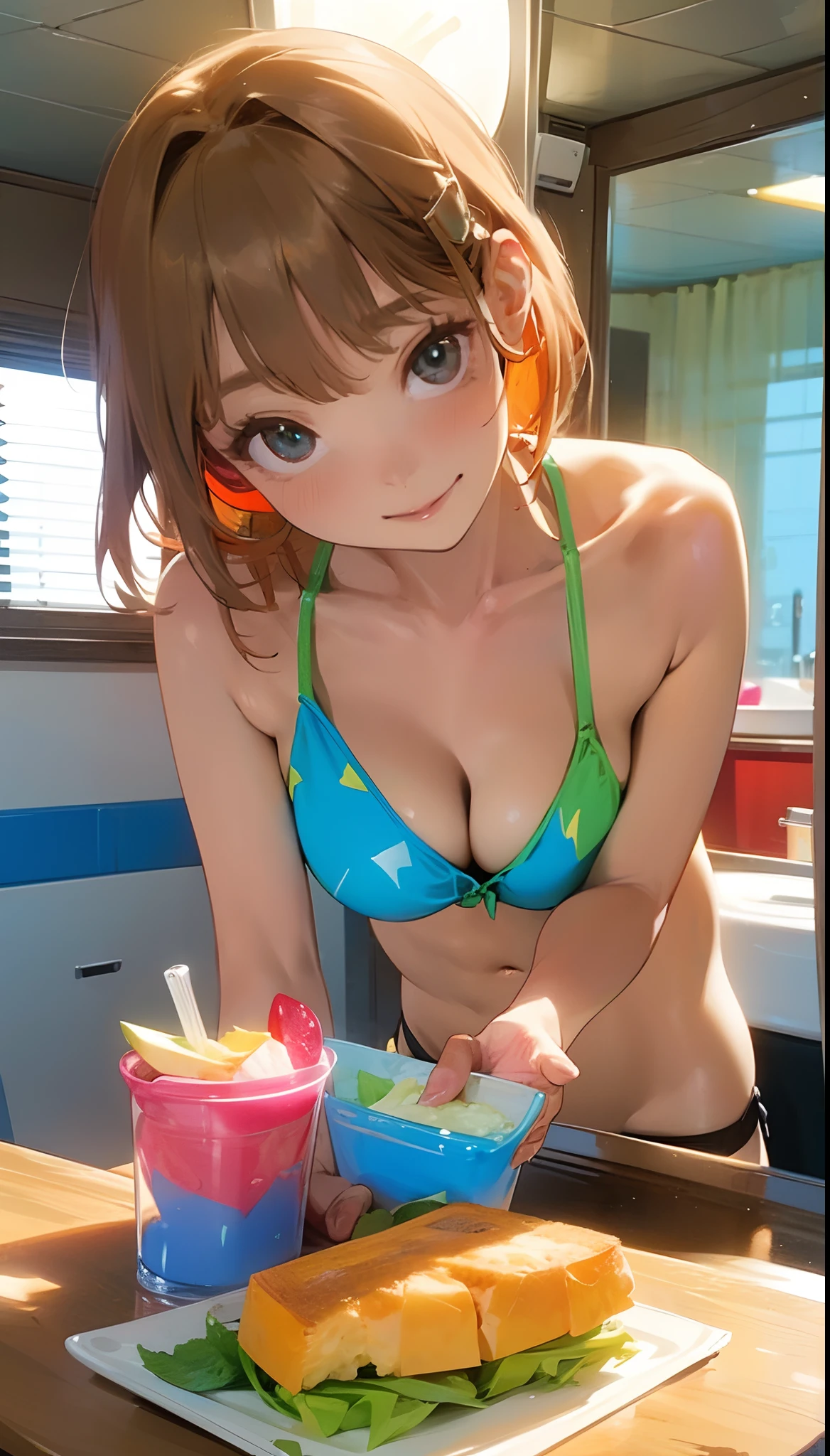 she is a feminist.
she is making a sandwich.
she is wearing a bikini.
55mm lens
beautiful face
Hyper detailed
Volumetric lighting
Colorful
Beautiful
Intricate