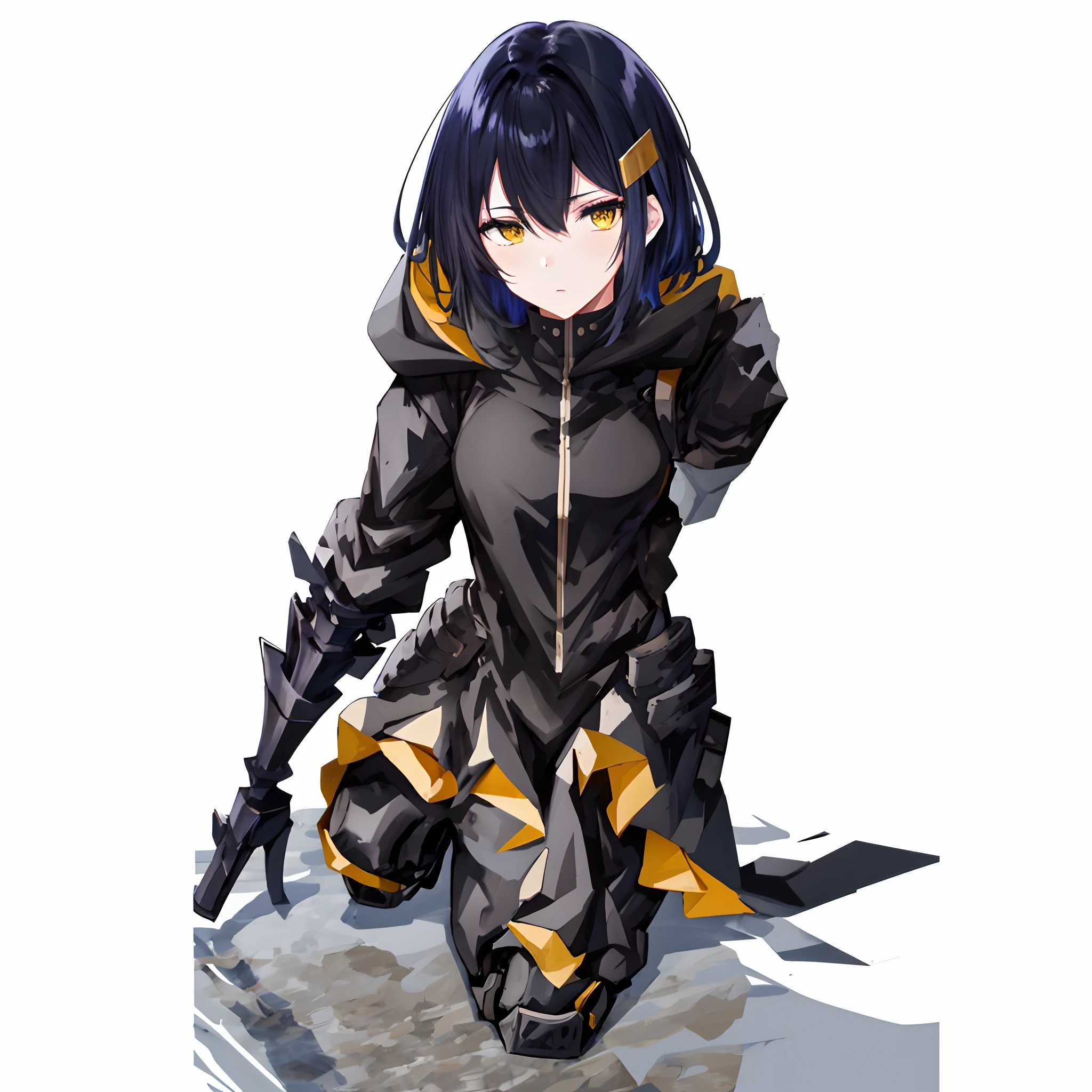 anime girl with a sword and a hoodie, pale black armor, black armored uniform, gilded black uniform, mechanized witch girl,, rogue anime girl, Black shiny armor,, Armor Girl, yellow tint, Kantai collection style, wearing techwear and armor, noire, Stylized anime, sharp black armor