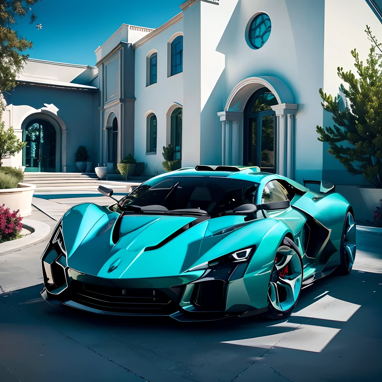 A sports car,Gorgeous look,Streamlined body,Oversized wheels,Park in the courtyard of a villa,(The turquoise exterior paint of the sports car:1.2),tmasterpiece,the highest picture quality,Mid-range vision