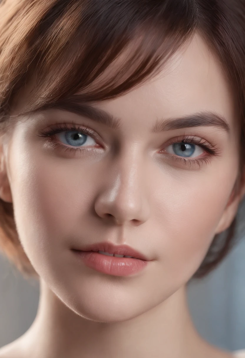 of a real, Facial features are meticulously painted, Realistic skin texture, There is a scar on his face, closeup cleavage, head portrait, sullenness, Blue eyes, Short-cut hair of maroon color, depth of fields, Dynamic blur, highlight, Real Light, Ray Reaching, OC rendering, Hyper-realistic, Best Quality, 8K, Works of masters, super-fine, Detailed pubic hair, Correct anatomy, sharp focus on eyes, Facial features are carefully drawn
