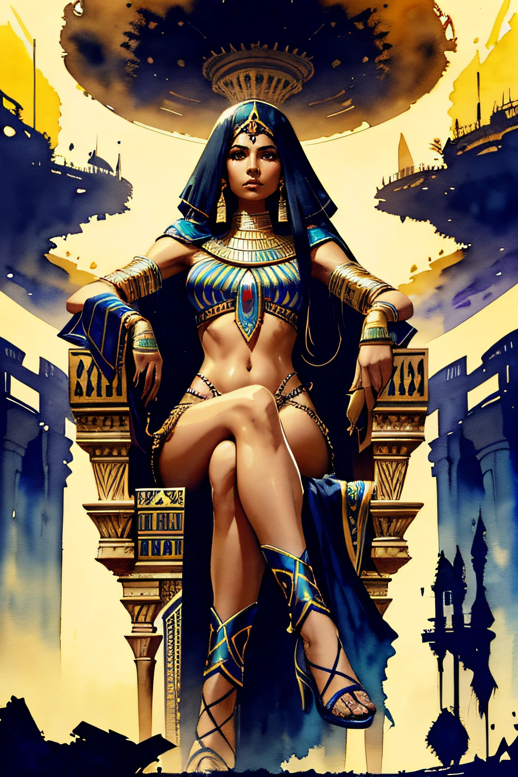 1 egyptian woman, (seductive), very long hair, , dark skin, closed mouth, looking at viewer, egyptian clothes, sitting on the throne , from below, crossed legs, gem,
fantasy, high contrast, ink strokes, explosions, over exposure,
impression , abstract, ((watercolor painting by John Berkey and Jeremy Mann)), brush strokes, negative space, good anatomy, good proportions, good architecture, realistic:1.25,
centered, high detail, high resolution, 8k, stunning, beautiful, perfect body,  Style-Hamunaptra:0.4,