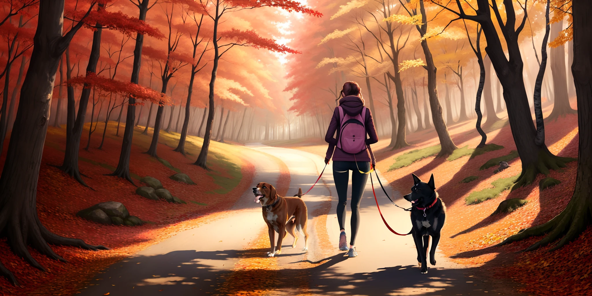 Dog walking in autumn forest