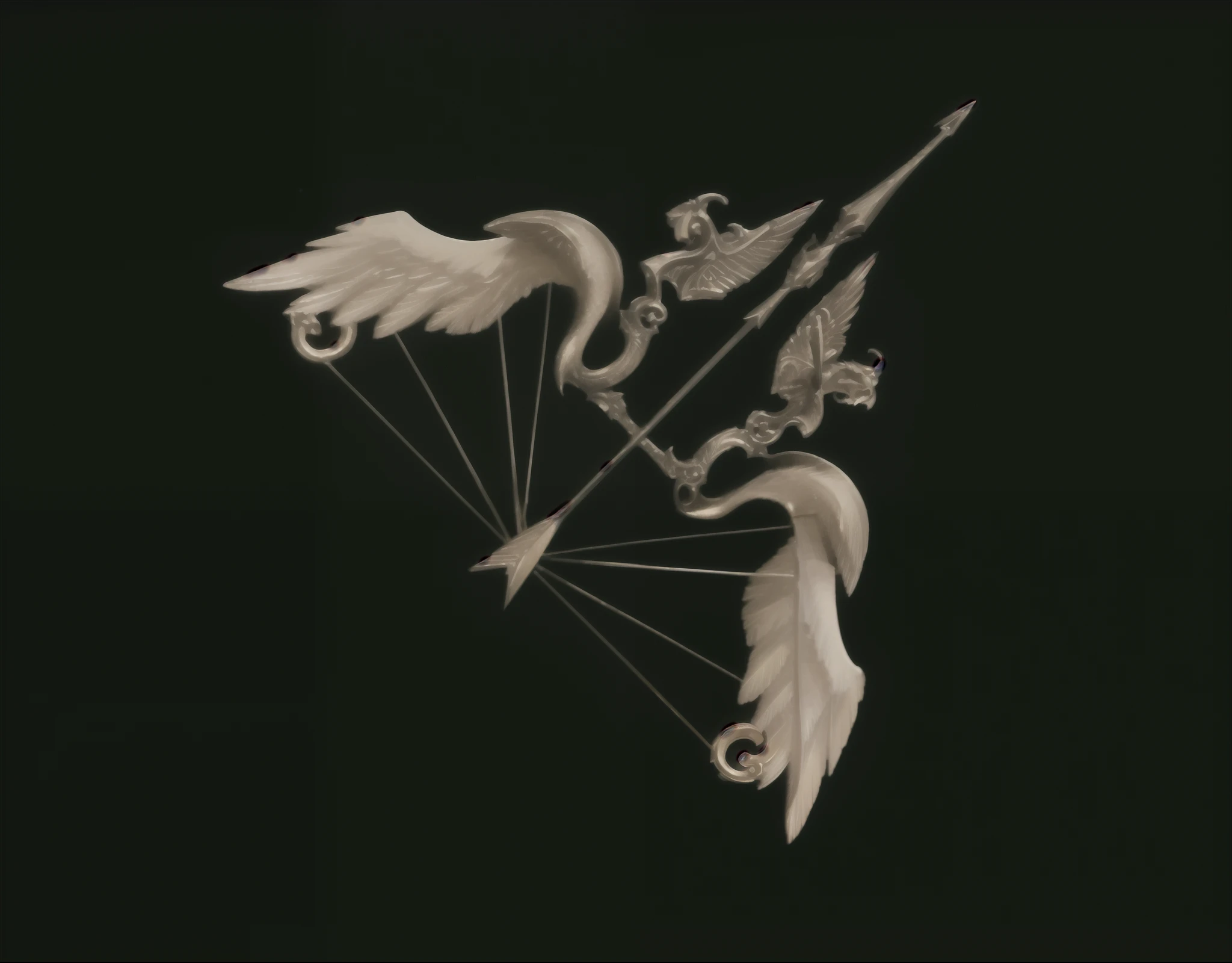 there is a gold bow with wings and a green arrow, hold mechanical bow and arrow, fantasy rpg weapon art, winged archer, with bow and arrow, fantasy weapon, bow and arrow, epic fantasy weapon art, longbow, archer bow, longbow arrow, crossbow arrow, ornamental bow, gold wings, cupid, golden art nouveau scythe blade