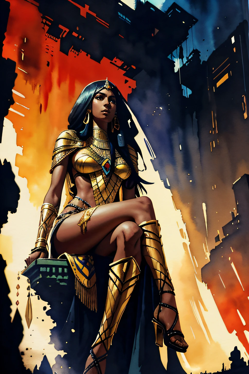 1 egyptian woman, (seductive), very long hair, , dark skin, closed mouth, looking at viewer, egyptian clothes, sitting on the throne , from below, crossed legs, gem,
fantasy, high contrast, ink strokes, explosions, over exposure,
impression , abstract, ((watercolor painting by John Berkey and Jeremy Mann)), brush strokes, negative space, good anatomy, good proportions, good architecture, realistic:1.25,
centered, high detail, high resolution, 8k, stunning, beautiful, perfect body, Style-Hamunaptra:0.4,